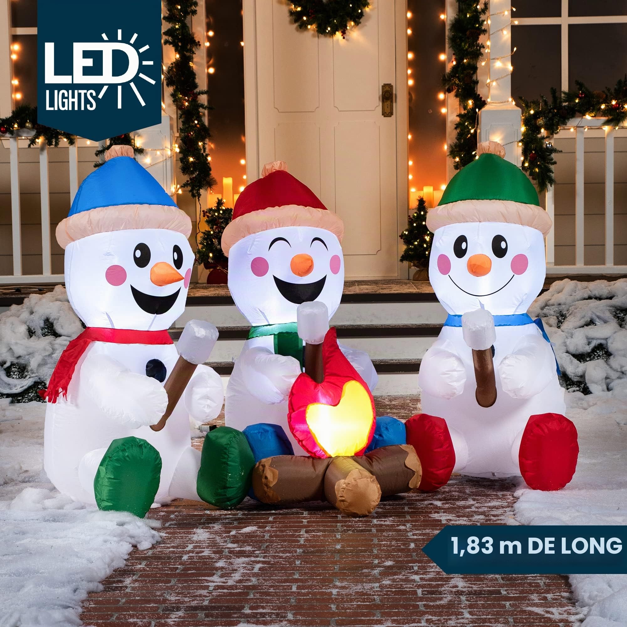 Joiedomi Bonhomme de Neige Gonflable de Noël de 1,8 m de Long avec feu de Camp, Lot de 3 Petits bonhommes de Neige avec LED intégrées Décoration de Noël Gonflable avec lumière pour fête de Noël