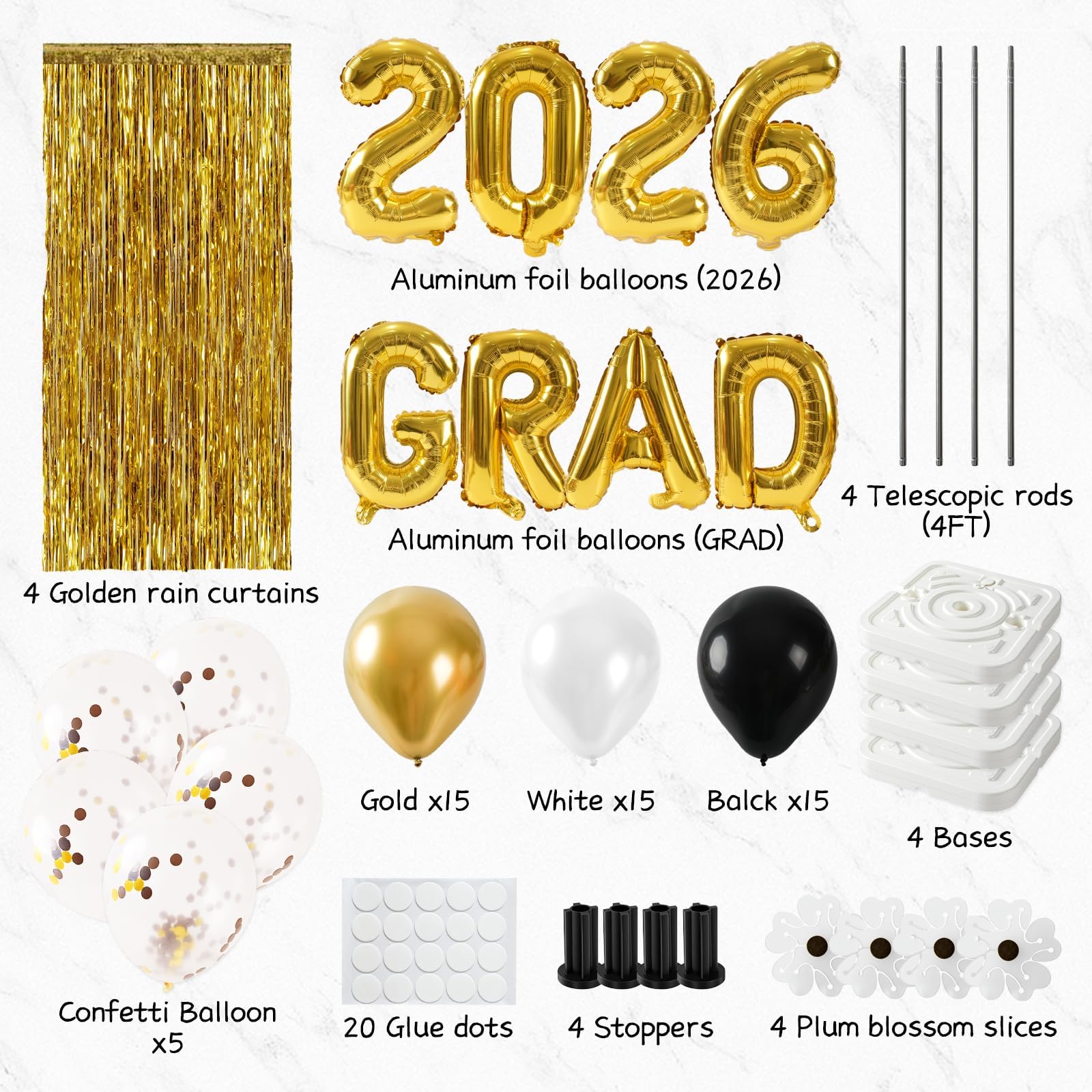Decoraciones de graduación 2026: juego de 4 topiarios de globos de pie, kit de soporte para globos, centros de mesa de fiesta con cortinas de lluvia doradas, decoraciones de clase de 2026 para jardín