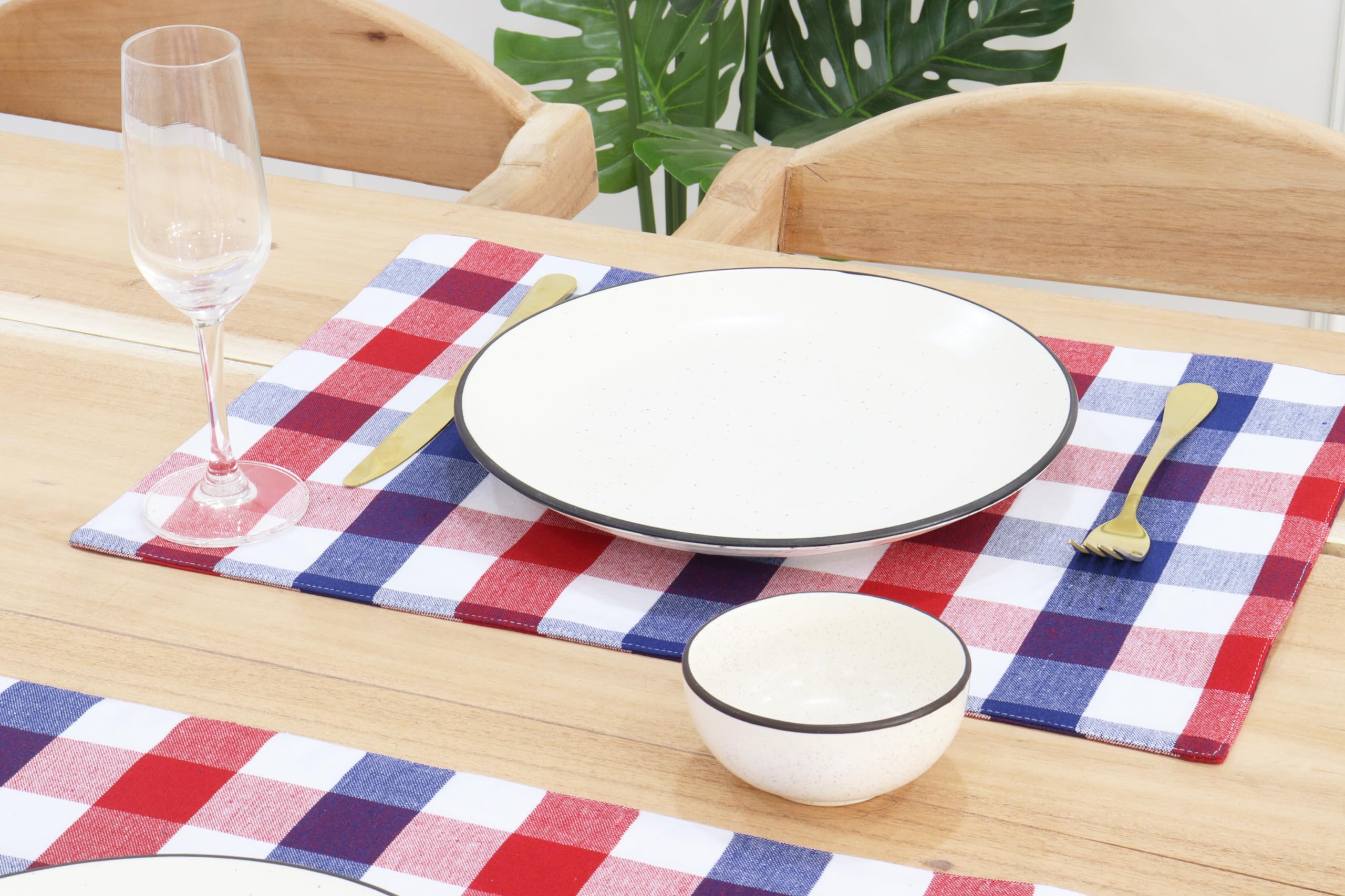 PurpleEssences 4th of July Buffalo Plaid Placemats, Set of 4, Washable Spill Proof Double Layer Woven Checkered placemat for Dining Table and Kitchen - 13 x 19 Inch - Red Blue and White