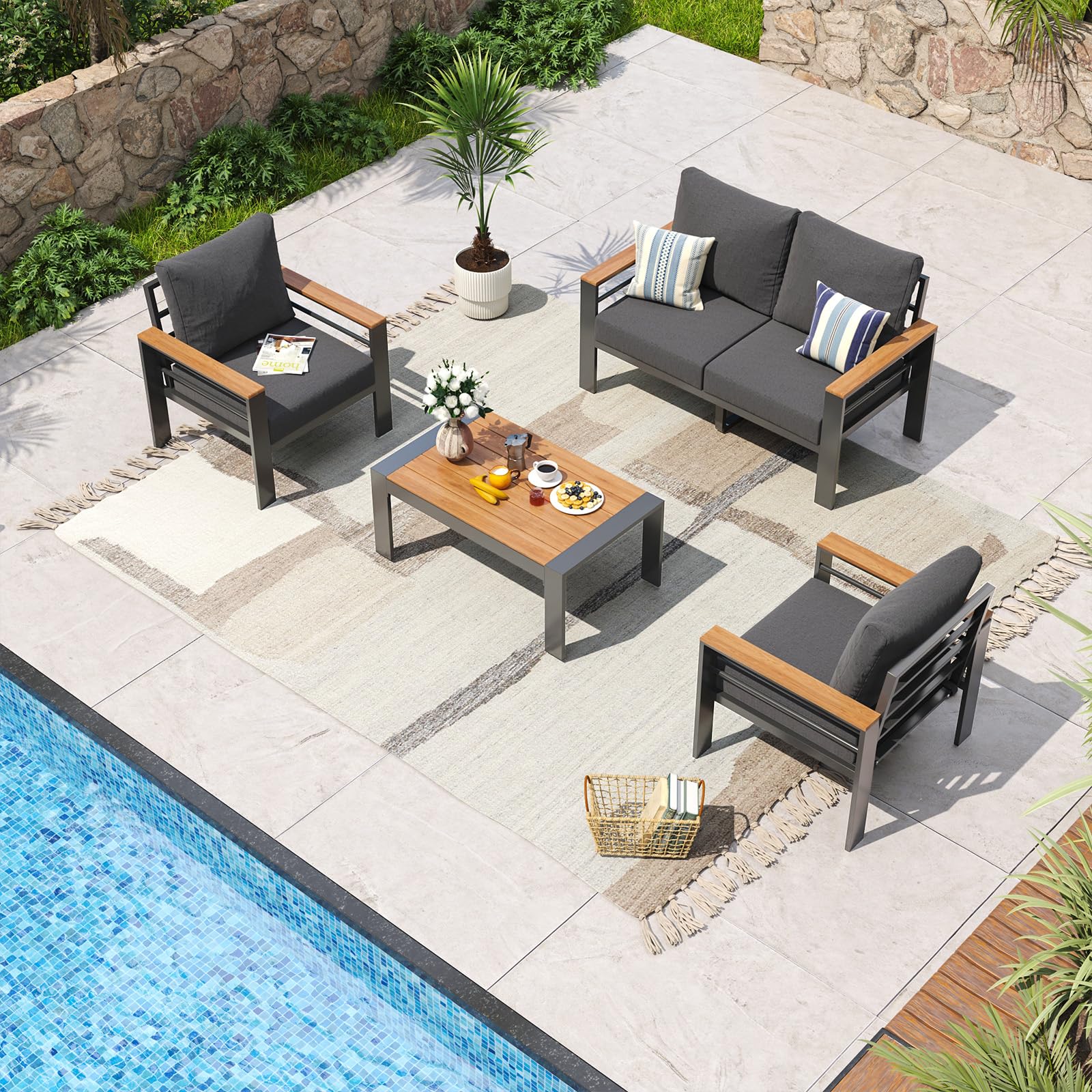 Aoxun Aluminum Patio Furniture Set 4 Seats, Dark Grey