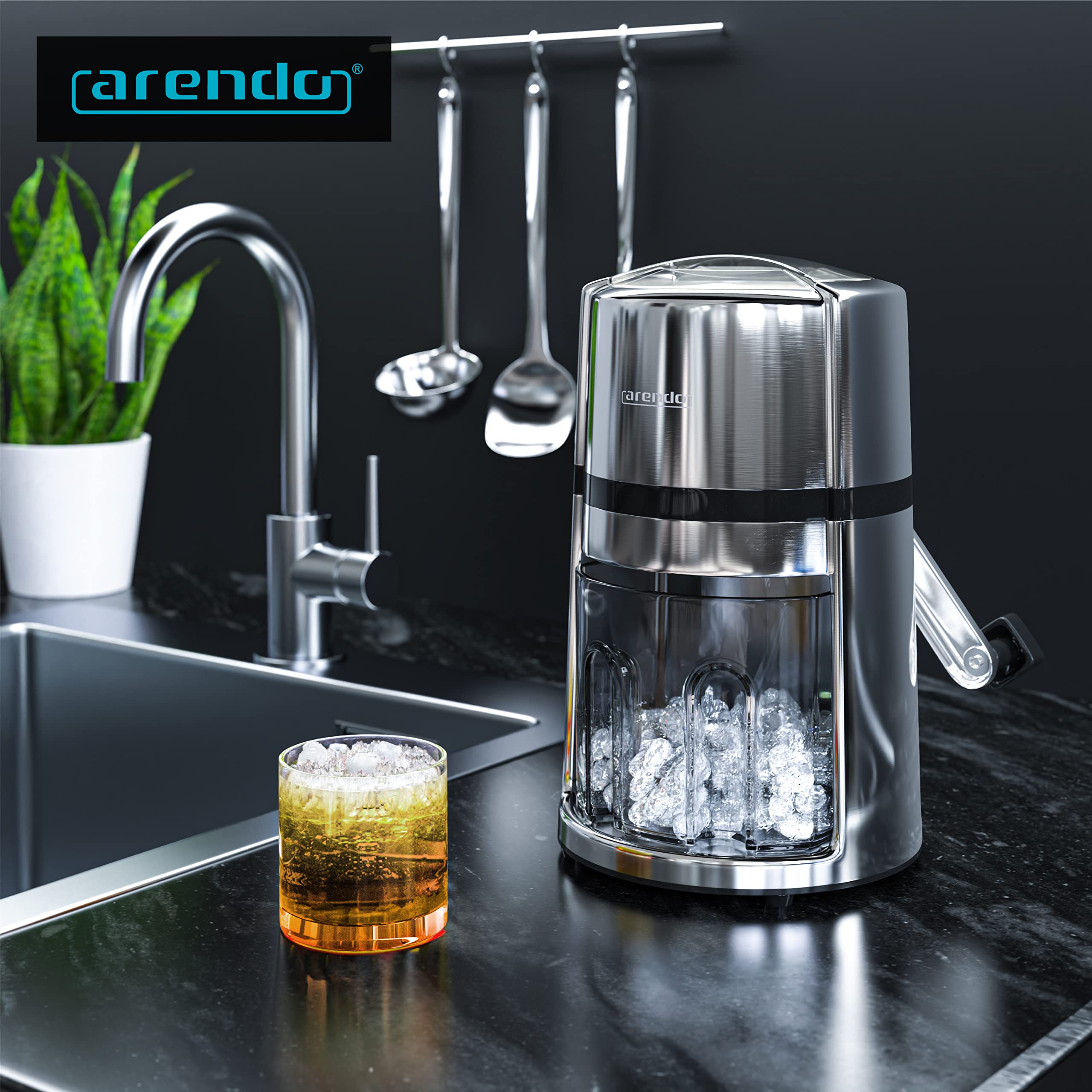 Arendo - Ice Crusher Edelstahl 1,1 L manuell – Eiszerkleinerer – Eiscrusher zum Kühlen und Frischhalten – stromloser Betrieb, überall verwendbar – Auffangbehälter einfach entnehmbar – Chromoptik