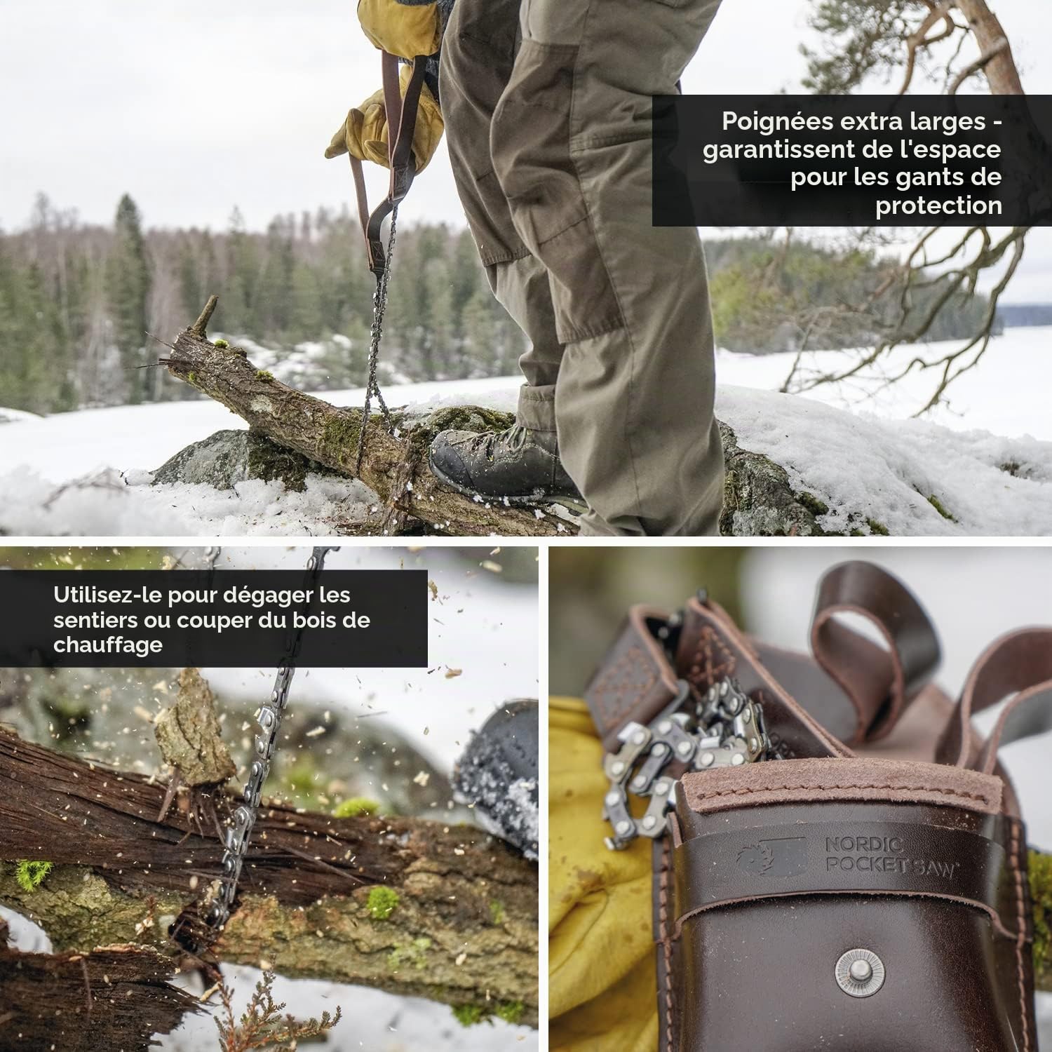 Nordic Pocket Saw Scie à Main - Tronçonneuse Portable - Scie Manuelle Chaîne 65 cm - Fil à Scier Premium - Avec Poignées et Etui en Cuir - Chaîne Portable - Outil de Survie Camping Randonnées