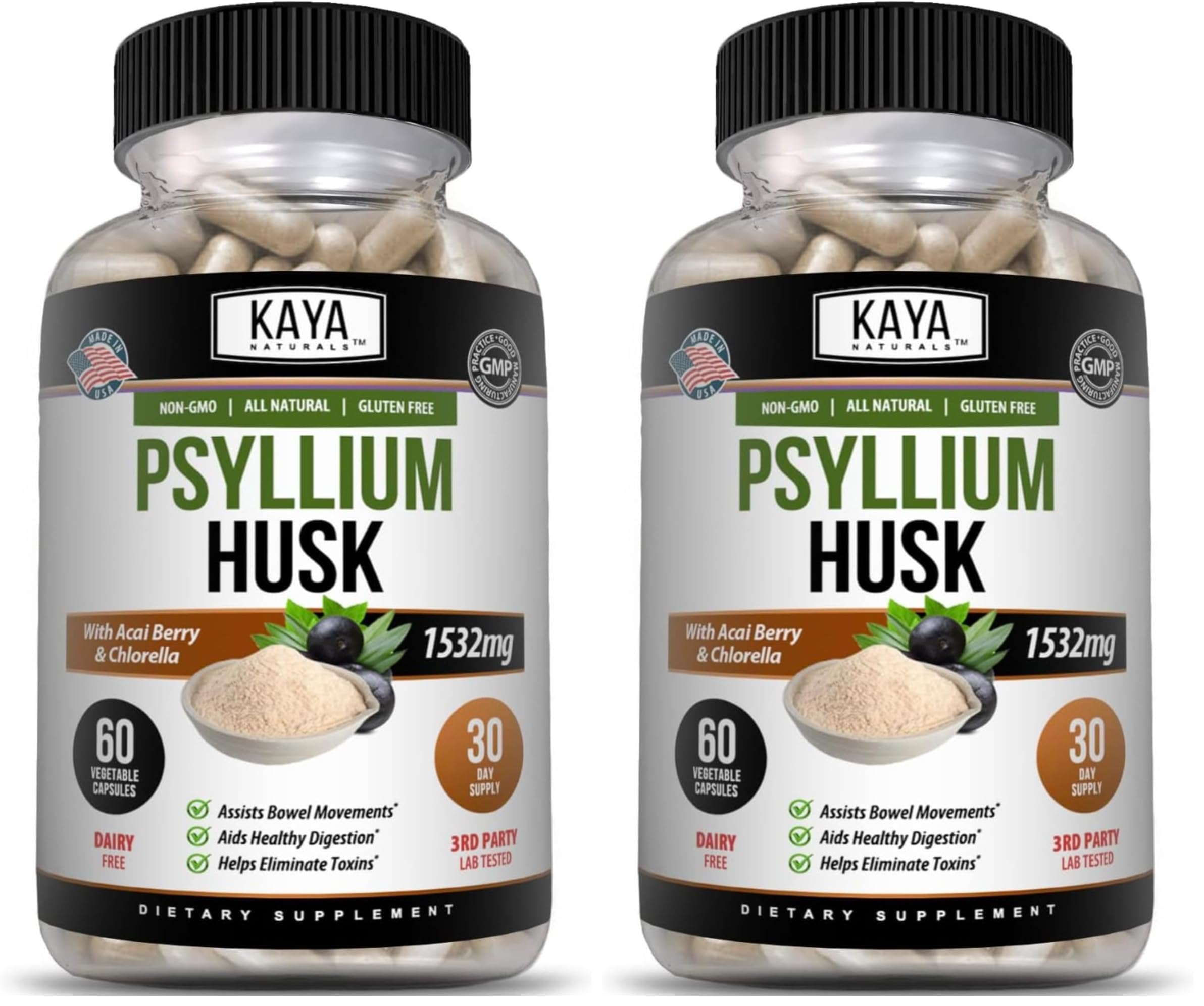 Kaya Naturals Psyllium Husk Capsules - 60 Count | High Fiber Supplement | Digestive Health & Regularity | Gluten-Free, Non-GMO (Pack of 2) 60 Count (Pack of 2)