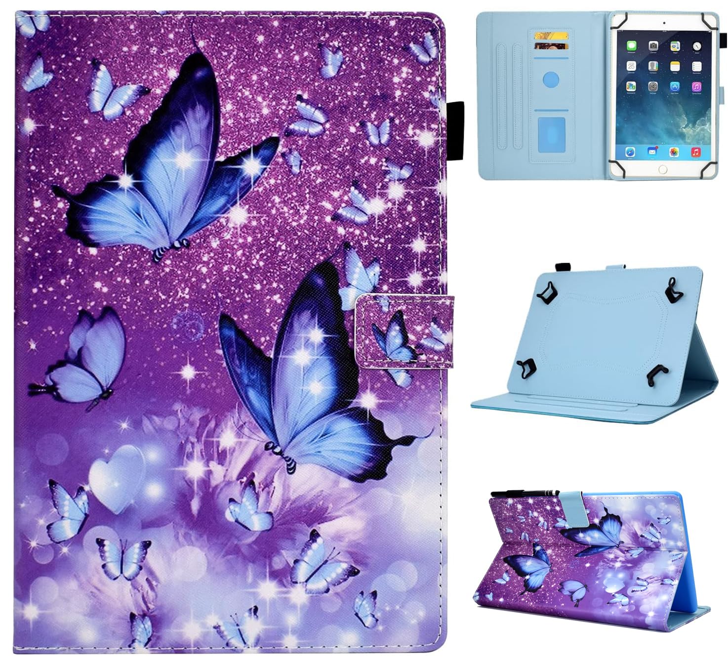 KEROM Universal 10 Inch Tablet Case, Universal 10.1 Inch Tablet Case, PU Leather Folio Stand Case Protective Cover for All 9.5" - 10.5" Tablets, Butterfly