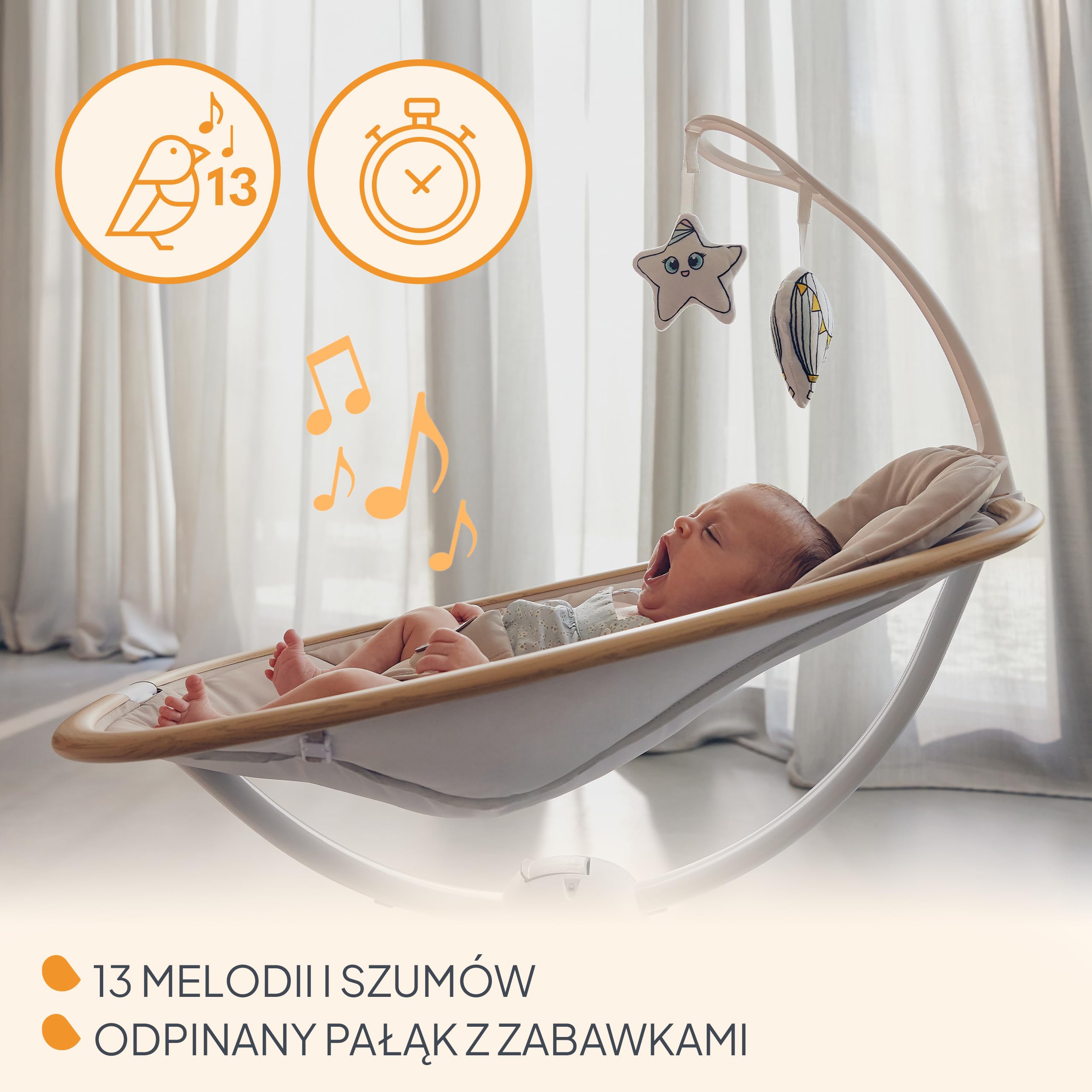 LIONELO OLIVIA Elektryczny Bujaczek Niemowlęcy do 9 kg Leżaczek dla Dzieci Regulacja Pochylenia, Naturalne Kołysanie, 4 Prędkości, Ergonomiczne Siedzisko, 13 Melodii, 2 Zabawki, Pilot