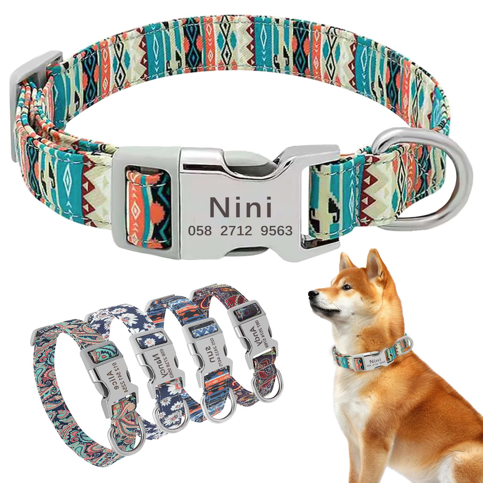 XSTZR Personalized Dog Collar, Customized Dog Collars with Engraved Name & Phone Number, Adjustable Dog Collars for Male Female Girl Boy Puppy Small Medium Large X-Large Dogs (Bohemian Green)