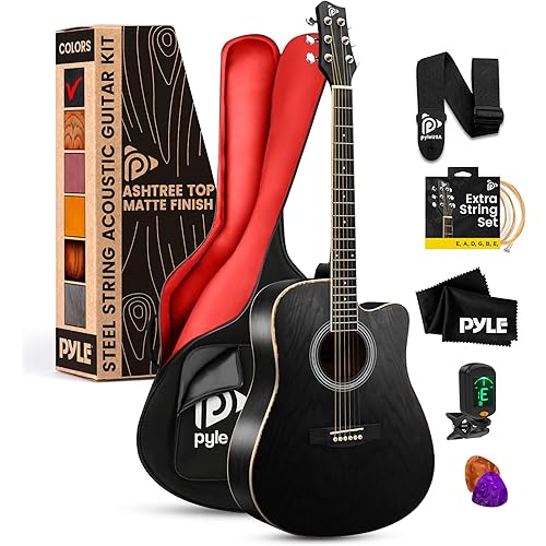 Pyle Steel String Acoustic Guitar Kit, 41" Full Size Cutaway with Ashtree Top, Open Pore Finish, Premium Accessory Set with Armored Gig Bag, Black Matte
