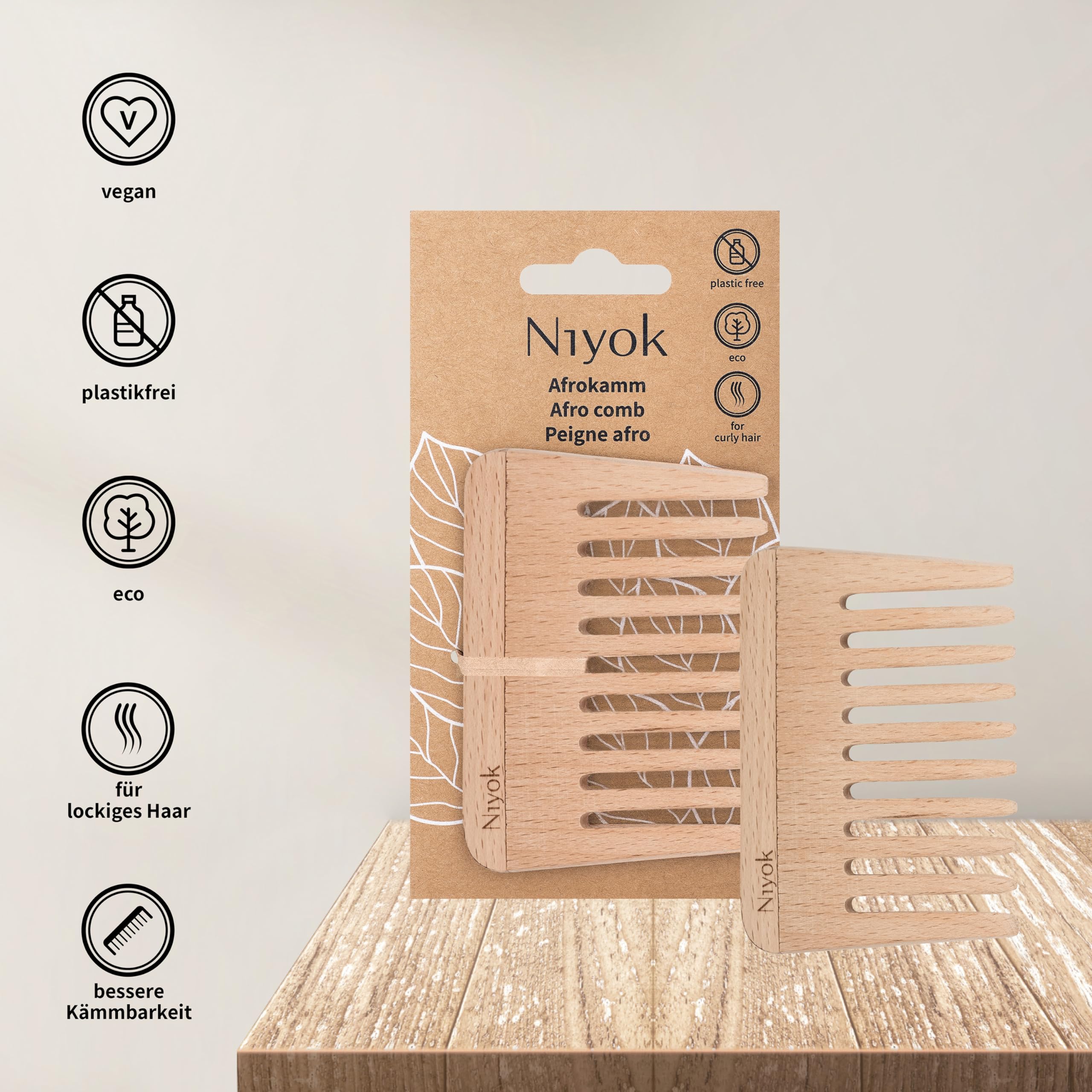 Niyok Sustainable Afro Comb Made of Beechwood, Comb for Curly & Frizzy Hair, Coarse Curl Comb, Afro Comb Wood - Image 3