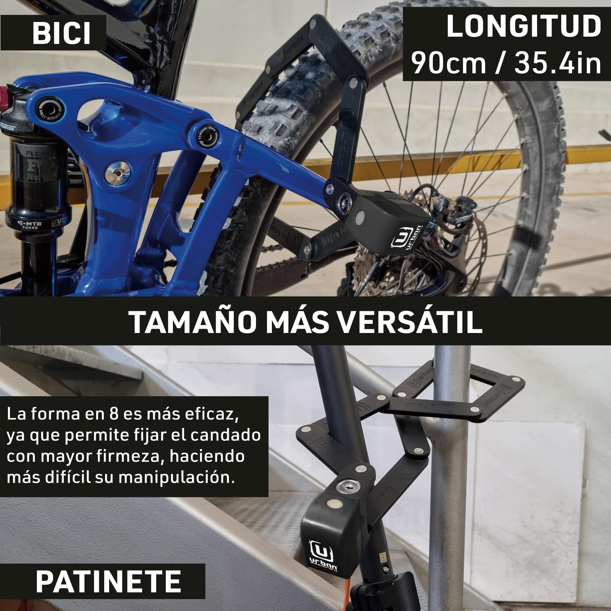 URBAN UR476B Innovador Candado Bicicleta Sin y Con Alarma 120dB Hi-Tech, Candado Bicicleta Plegable 2en1 Seguro, Soporte Más Funcional y Llevar Sin Ruidos, Antirrobo Bici Patinete Eléctrico 90cm