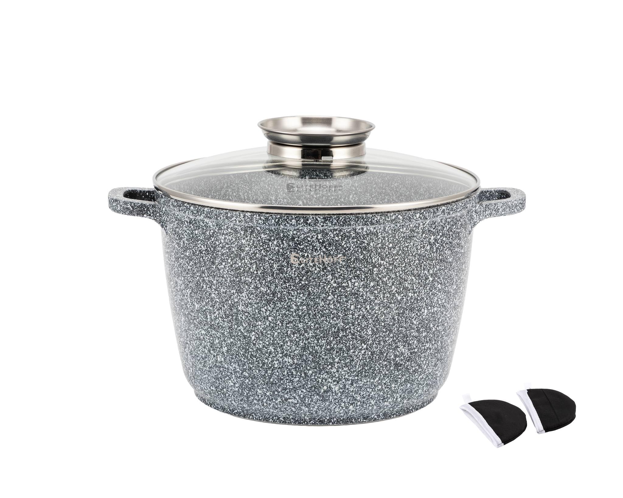 Casserole Soupe 6,5 L EliteHoff - Aluminium Avec Revêtement Granit Antiadhésif - Couvercle Verre - Pour Induction, Gaz, électrique