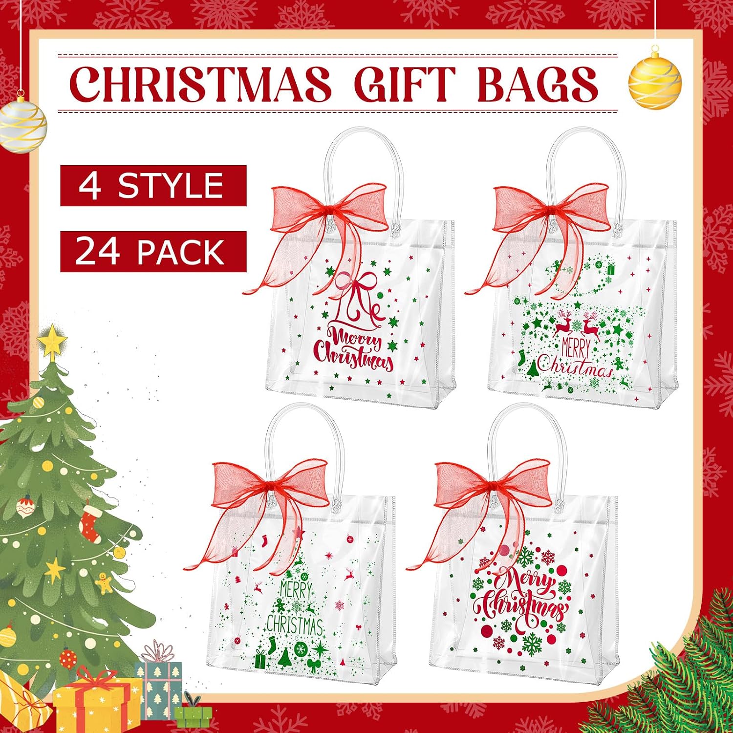 Henoyso 24 Pcs Red and Green Christmas Clear Gift Bags Plastic Goodie Candy Treat Bag with Handles PVC Gift Wrap Totes with Ribbon for Xmas Party Favors (7.8 x 7.8 x 3.1)