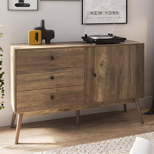 BELLEZE Mid Century Modern 52" Sideboard Kitchen Buffet, TV Stand Entertainment Center with Drawers and Cabinet Storage for Living Room Bedroom,Rustic Oak