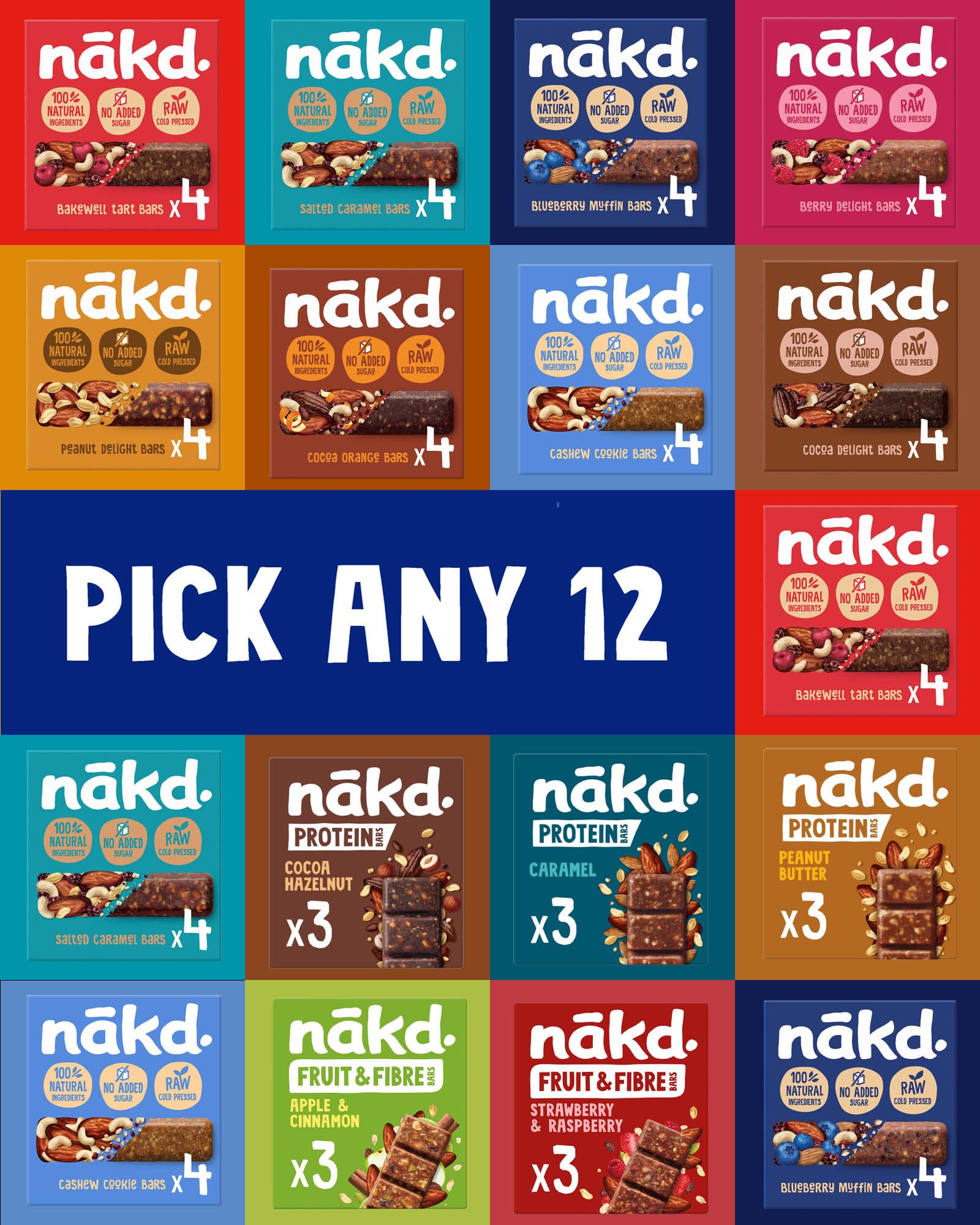 Nakd Selection Pick Any 12 Multipack from 13 Flavours - Fruit And Nut Bars 48 x 30-45g, 48 Bars.