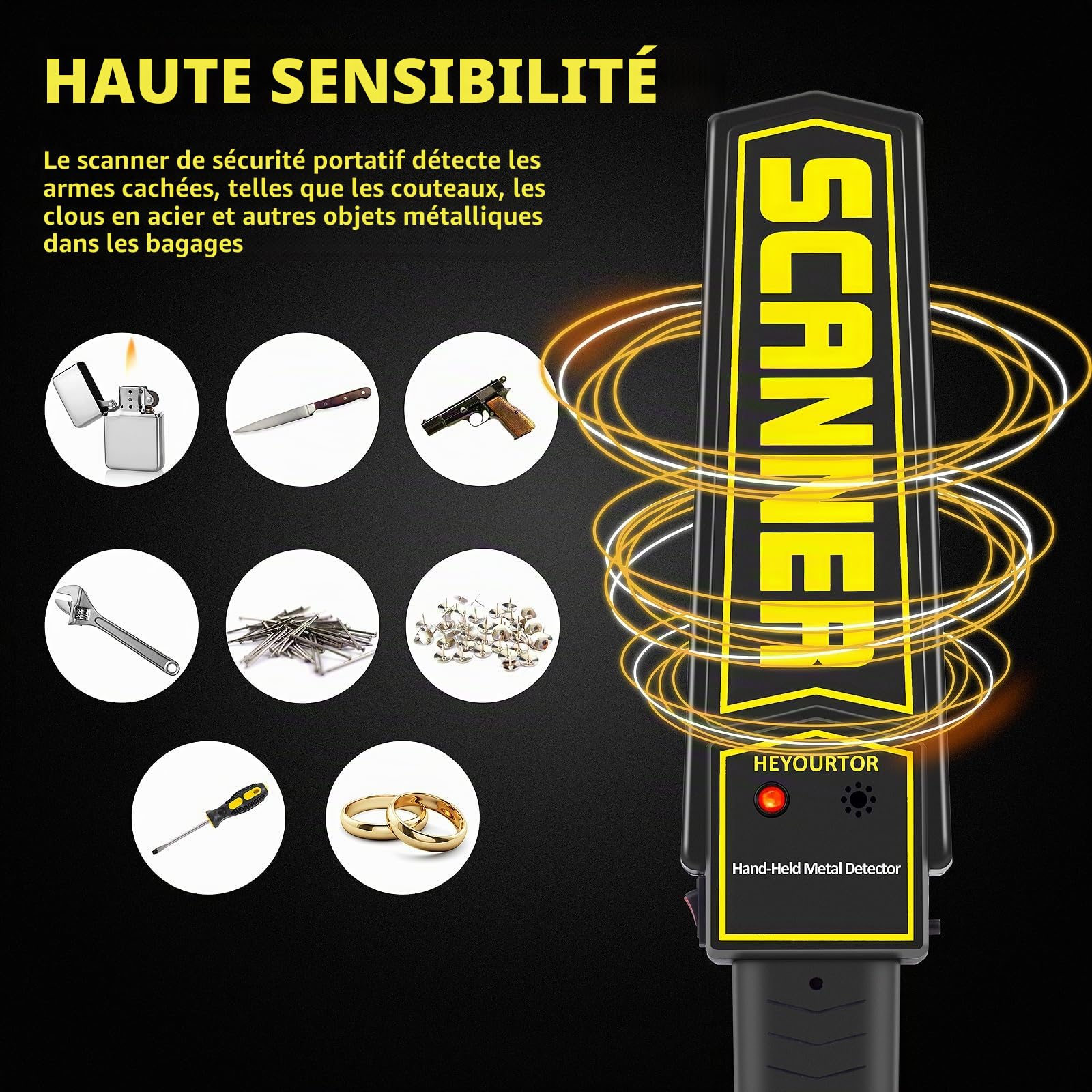 Détecteur de métaux portatif, baguette de sécurité, baguette de scanner de sécurité multifonction pour la détection de métaux et d'armes
