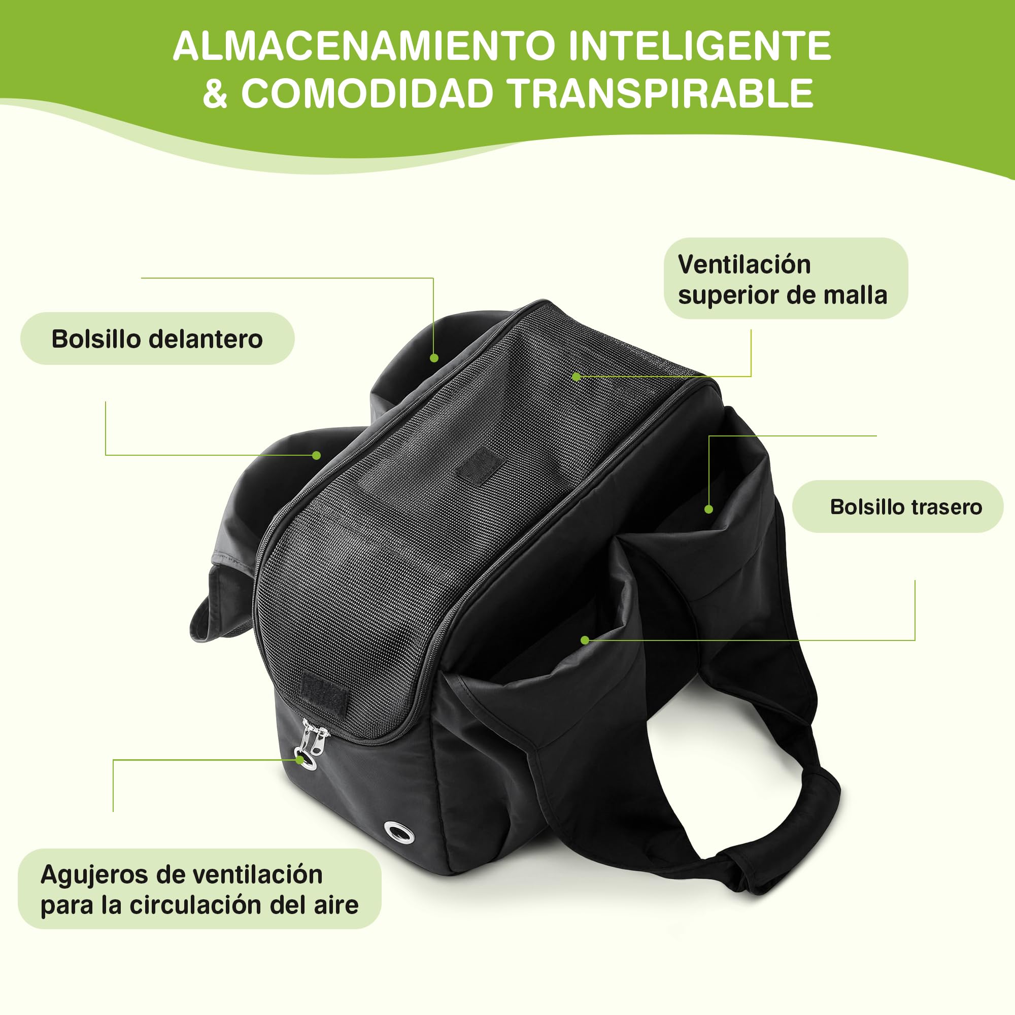 ALLSOPETS Bolso para Perros Pequeños, Transportín Portátil con Gancho para Correa, Mochila para Perros y Gatos Transpirable y Cómoda, Ideal para Viajar y Camping (Negro Intenso)