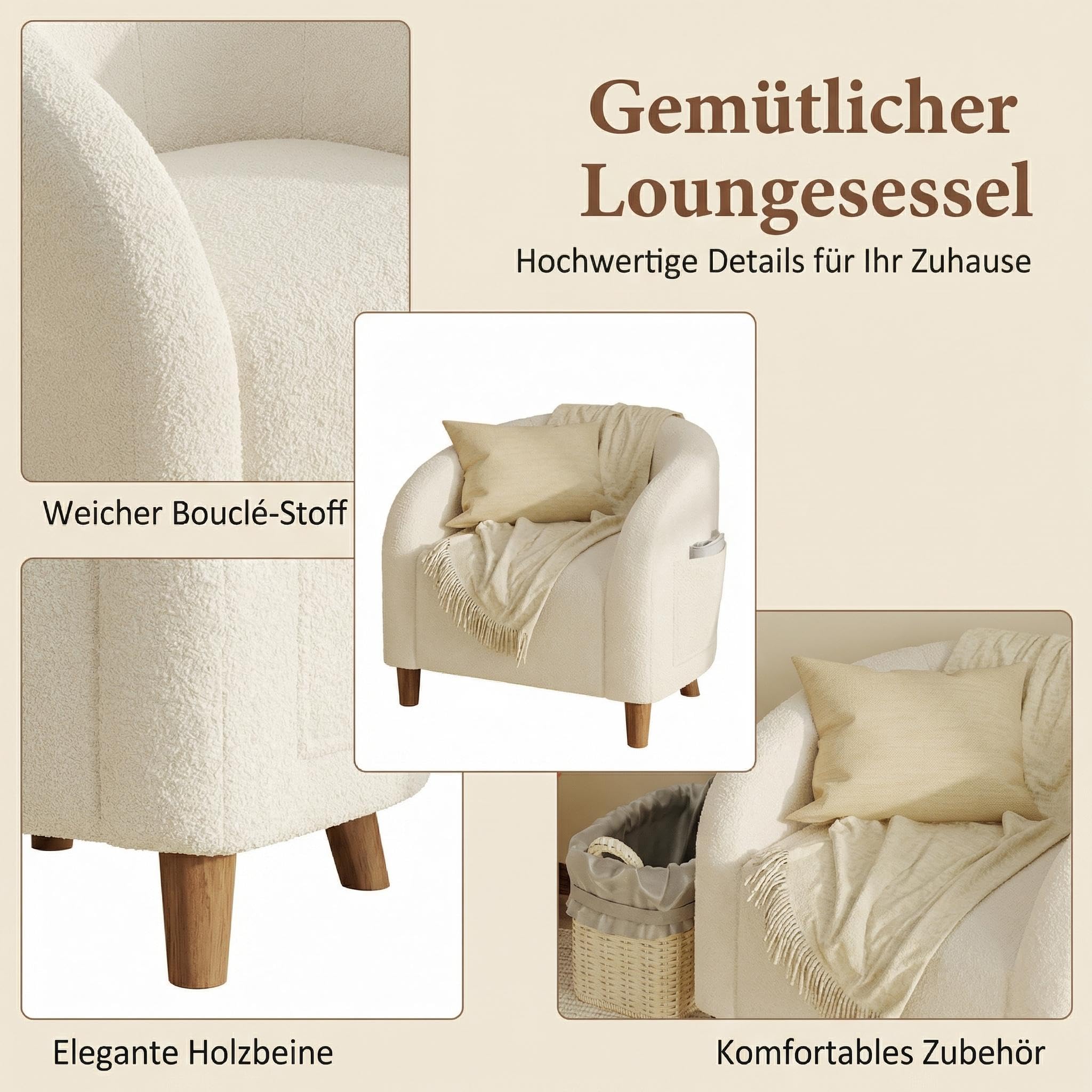 Garvee Sessel Weiß, Moderner Loungesessel Im Teddy-Look, Bouclé 28 x 26 x 29 Zoll Einzelsessel mit Armlehnen, Bequemer Lesesessel für Wohnzimmer & Schlafzimmer