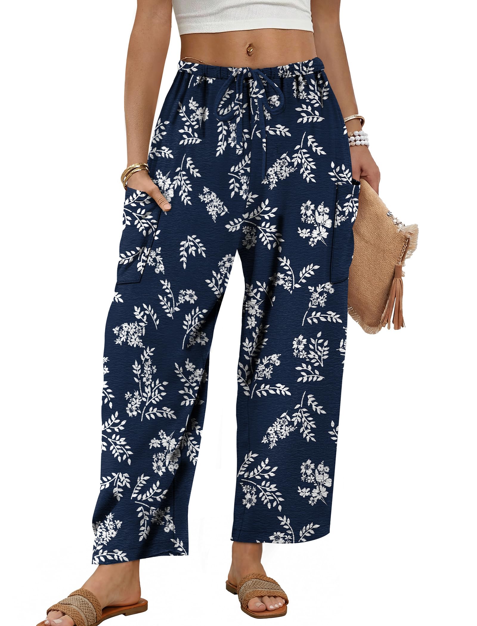Sampeel Wide Leg Pants for Women Barrel Flowy Palazzo Elastic Waist Trousers with Pockets Summer Beach Vacation Outfits — view 11