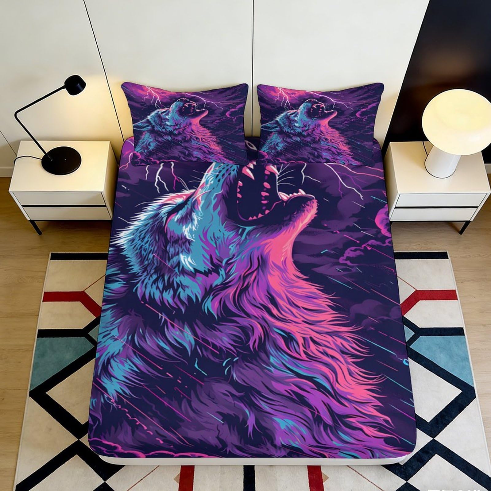 3D Printed Neon Wolf Fitted Sheet Microfiber Soft Breathable Lightning Bed Cover for Bedroom Dormitory Guest Room Mattress Protection Decor 180x200x25cm