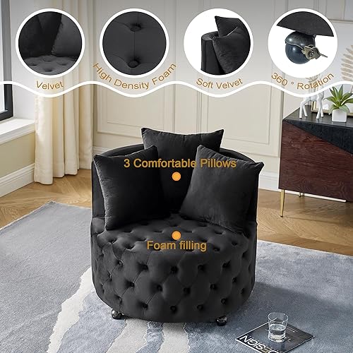 Miniatura 7 de Silla giratoria tapizada de terciopelo, con elegante diseño copetudo, ruedas circulares de actividad y 3 almohadas suaves (negro)