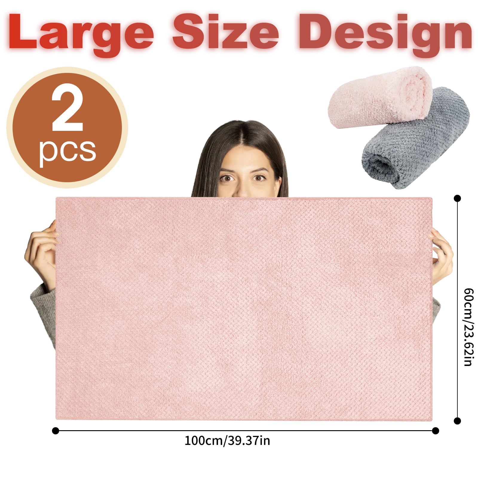 Neerow 2 Stück Mikrofaser Handtuch Haare, 100 x 60 cm Haarturban Super Saugfähig, Haarhandtuch mit Elastischem Band für Damen Kinder Lange Haar Schnell Trocknend (Grau, Rosa)