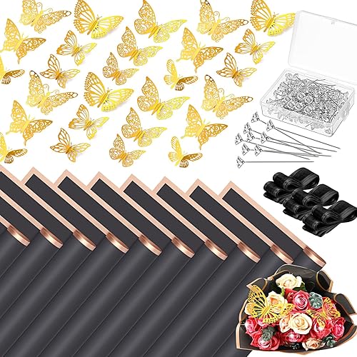 Seajan 60 hojas de papel de regalo de flores impermeables con 3 cintas, 100 pines de diamante, 36 mariposas doradas 3D para bodas, fiestas, día de