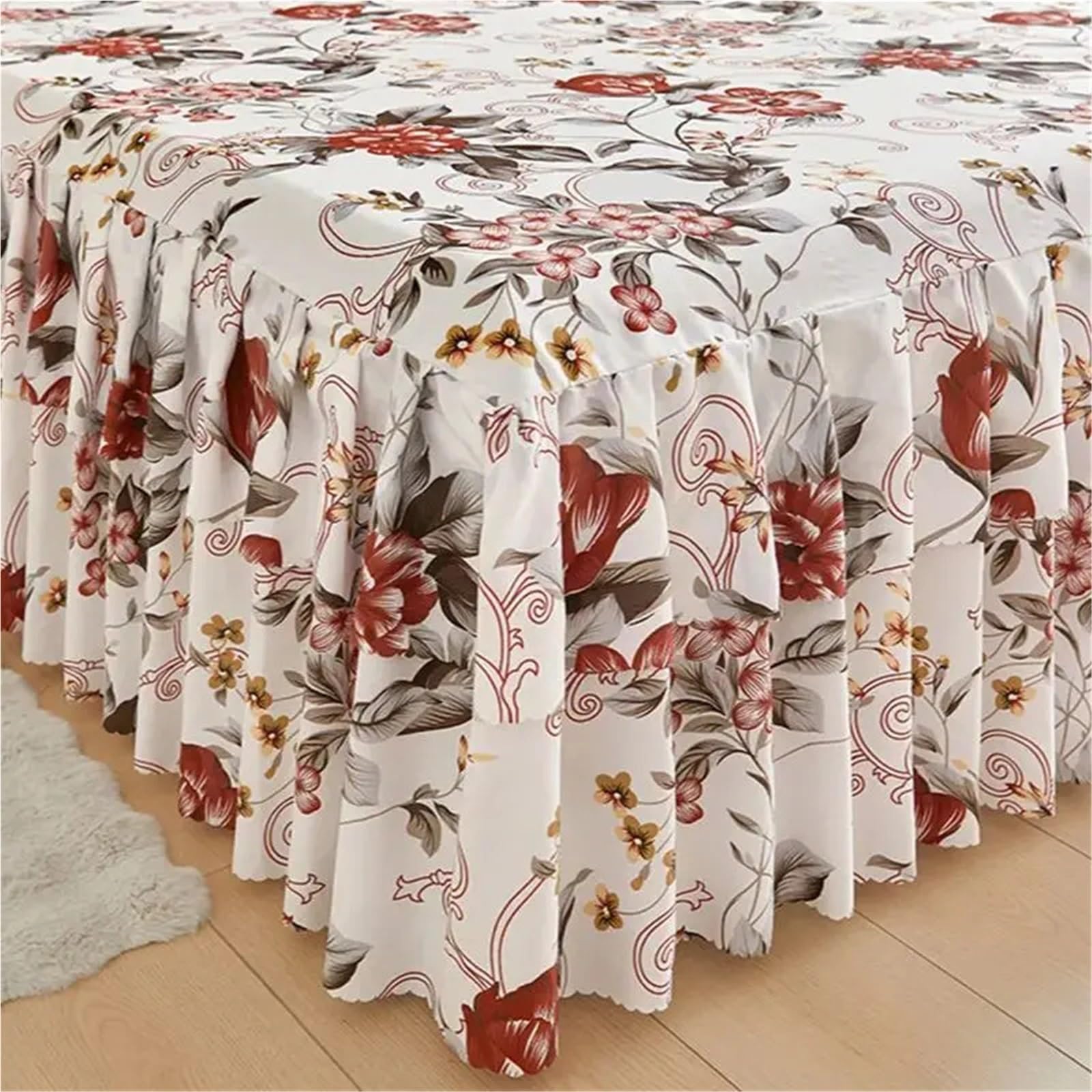 Bettrock mit Rüschen,Betthusse 3 stücke Set Floral Stil Bett Rock Und Kissenbezug Rüschen Abdeckung Hause Weiche Bettdecke Leinen(Mudanhuakai,200x200cm 3pcs Set)
