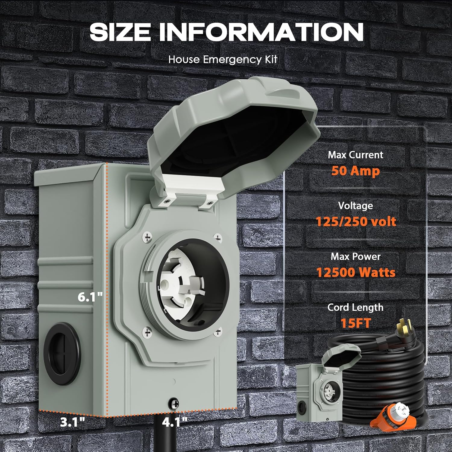 50 Amp Generator Cord and Pre-Drilled Power Inlet Box, 25FT Heavy Duty NEMA 14-50P to SS2-50R Extension Cord Twist Locking with Inlet Box, 125/250V, 12500W, ETL Listed for Outdoor Emergency Kit