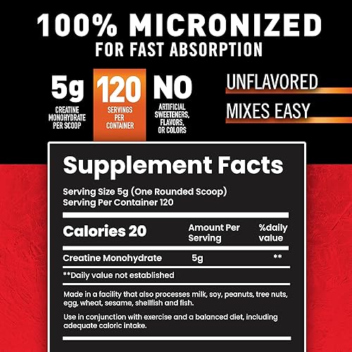 Miniatura 2 de Body Fortress Polvo 100% monohidrato de creatina, suplemento de creatina micronizada sin sabor para crecimiento muscular, fuerza y recuperación,