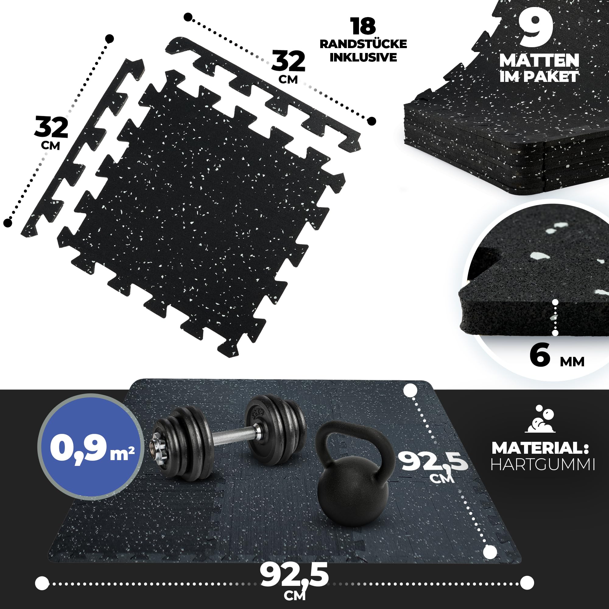 bemaxx Bodenschutzmatte Fitness – 9 Gummi-Matten pro Set: Gym Fitnessgeräte Sportmatte Puzzlematte Laufbandmatte Fitnessmatte Unterlegmatte Sportgeräte Trainingsmatte Bodenmatte Gymnastikmatte