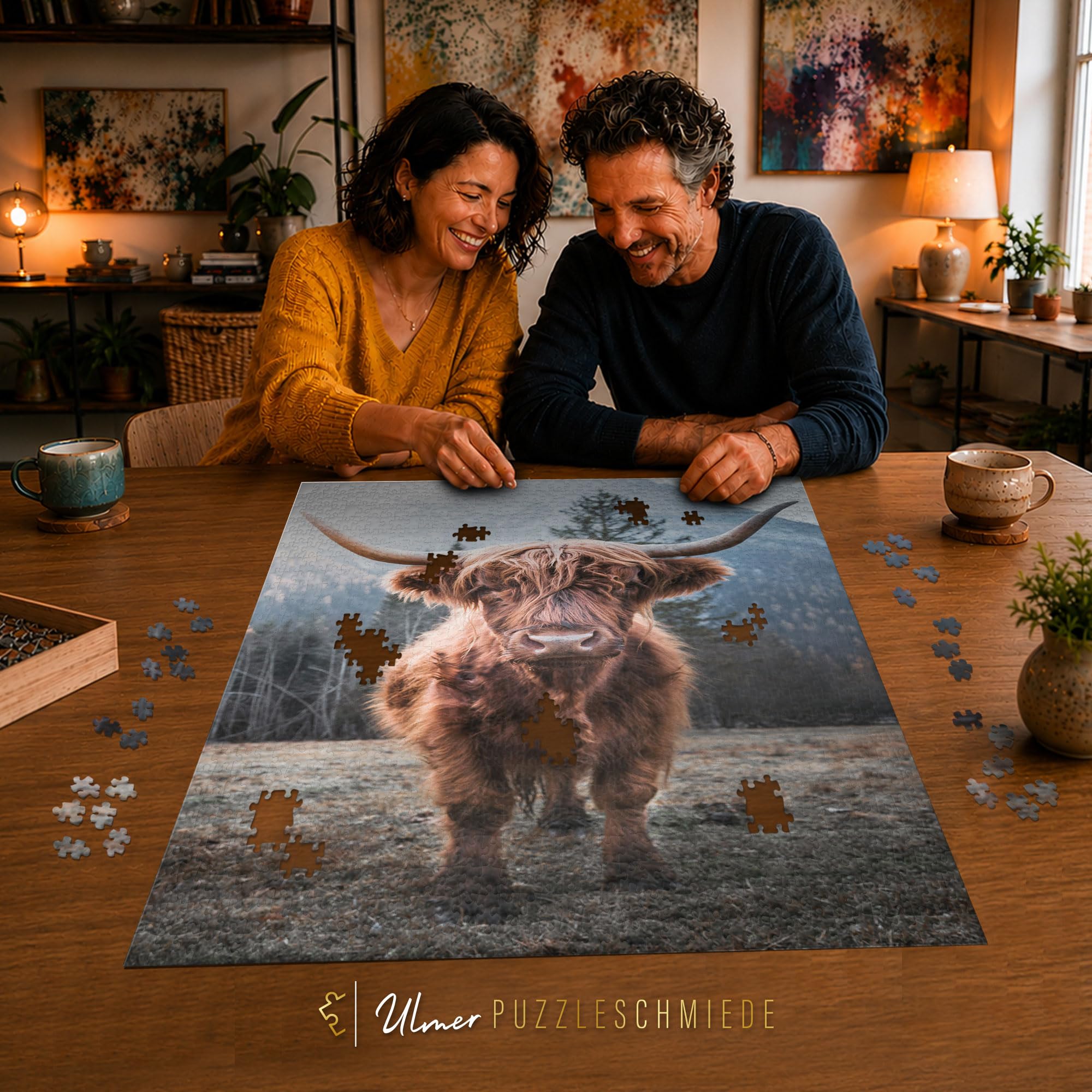 Ulmer Puzzleschmiede - Puzzle animal « Highlands » – Puzzle de 2000 pièces – Motif de bœuf puissant des Highlands sur le pâturage de vache sur fond alpin glacial