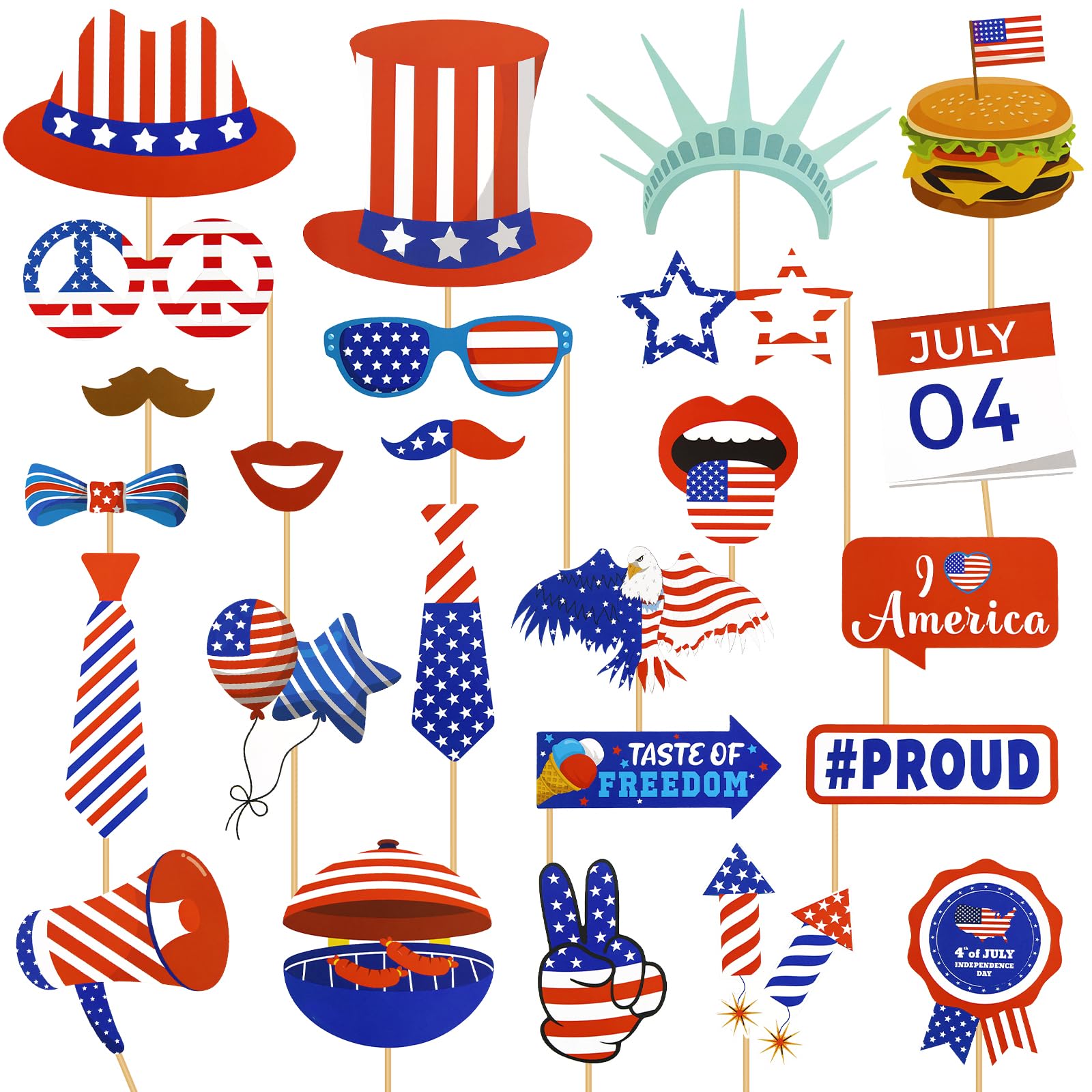 PatiCool 4th of July Photo Booth Props 25 PCS | Patriotic USA Independence Day Photo Props Party Decorations | 4th of July Patriotic Paper Goods Party Favors | 4th of July Patriotic Party Supplies