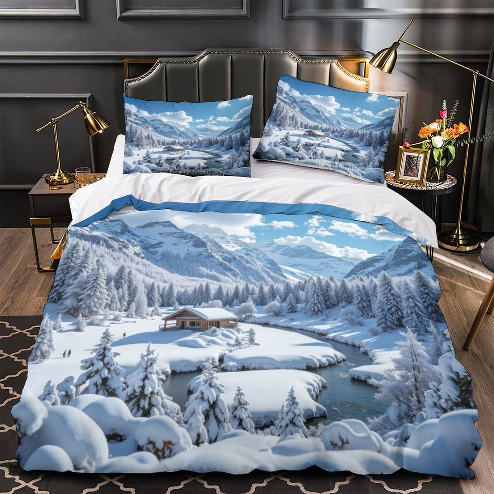 Parure de lit montagne enneigée en microfibre 135x200 cm avec housse de couette