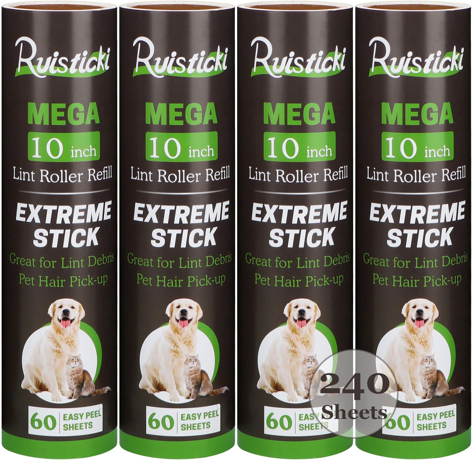 10 inch Lint Roller Refill Compatible with Large Mega 10 in Wide Lint Rollers, Pack of 4 Refills, 60 Sheets per Refill, Total 240 Extreme Stick Sheets