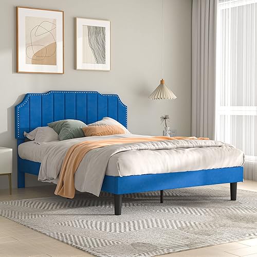 Miniatura 3 de VECELO Base de cama tamaño matrimonial tapizada con cabecera ajustable copetudabase de colchón con soporte de listones de madera, fácil montaje,