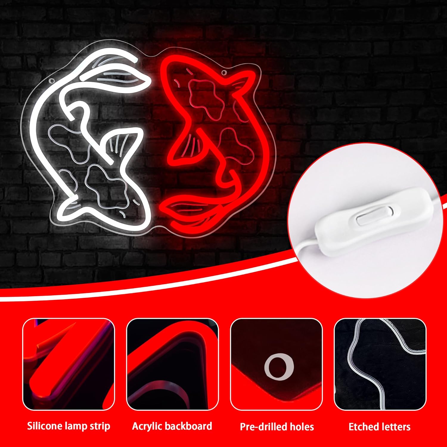 Koi Fish Neon Signs for Wall Decor Japanese Fishes Neon Signs Light Up Night Red White Lights for Bedroom Japanese Decor Koi Pond Fish Room Restaurant Office Bar Shop Business 13.4 * 10.9in (XD307) - Image 3
