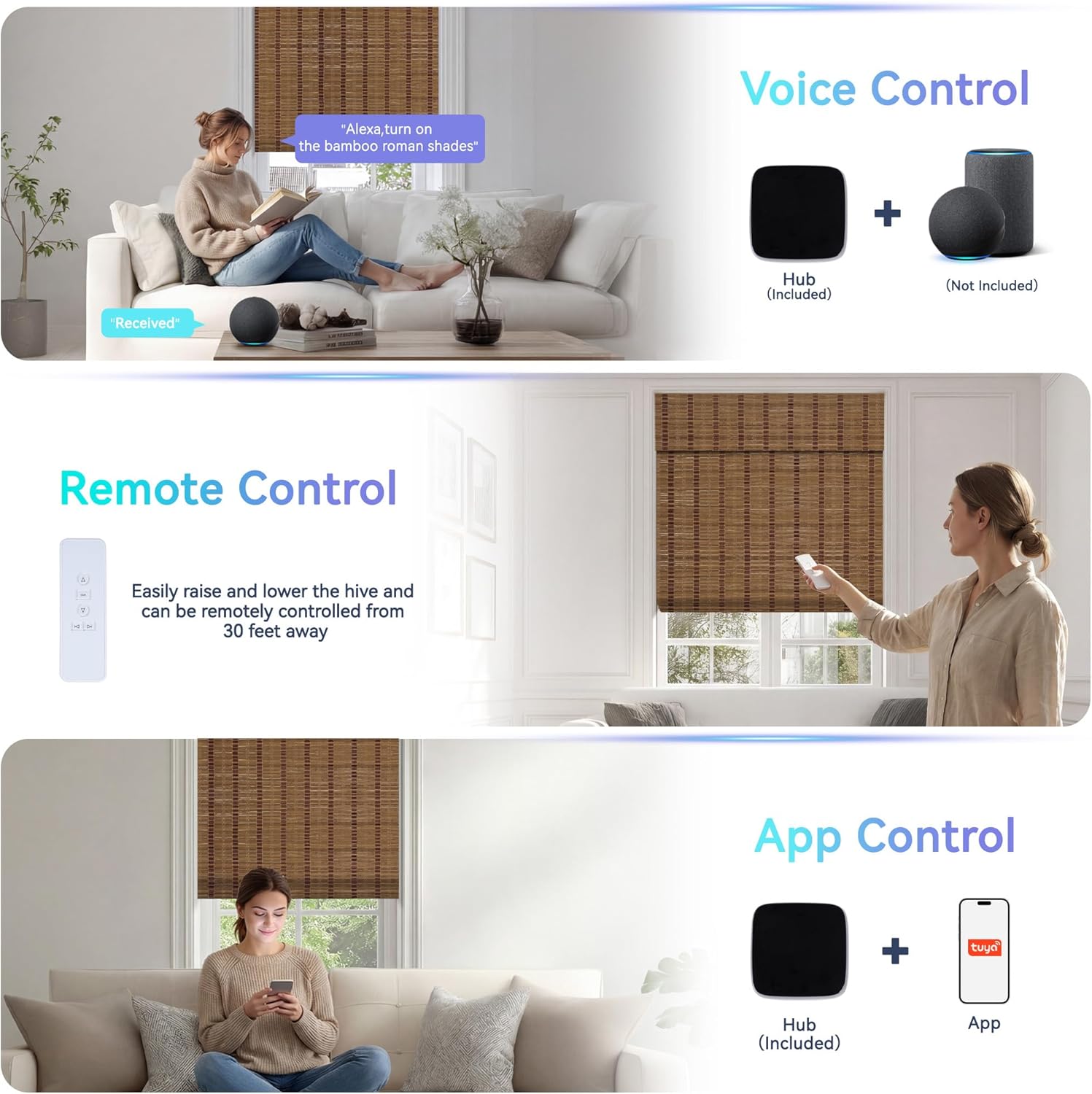 Motorized No Drill Bamboo Roman Blinds with Remote,Cordless Smart Light Filtering Bamboo Roman Shades for Indoor Windows,Alexa Google Home,APP Control,Brown28A01,Custom Size.