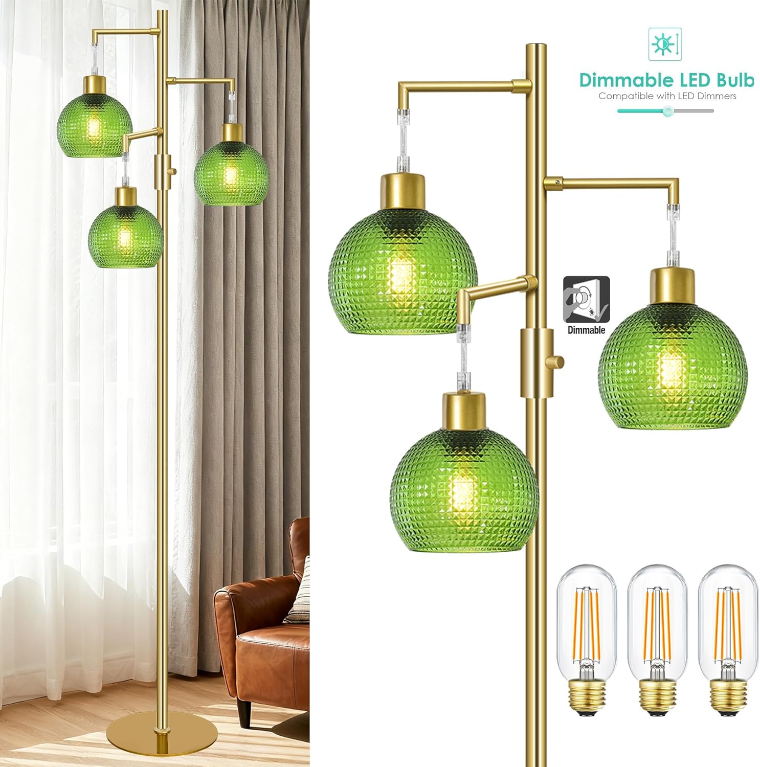 Modern Floor Lamp with Shade, Dimmable Standing Lamp for Living Room, 3 Lights Tree Lamp with Green Glass Shade, Tall Lamps for Bedroom with 3 x 600LM Bulb
