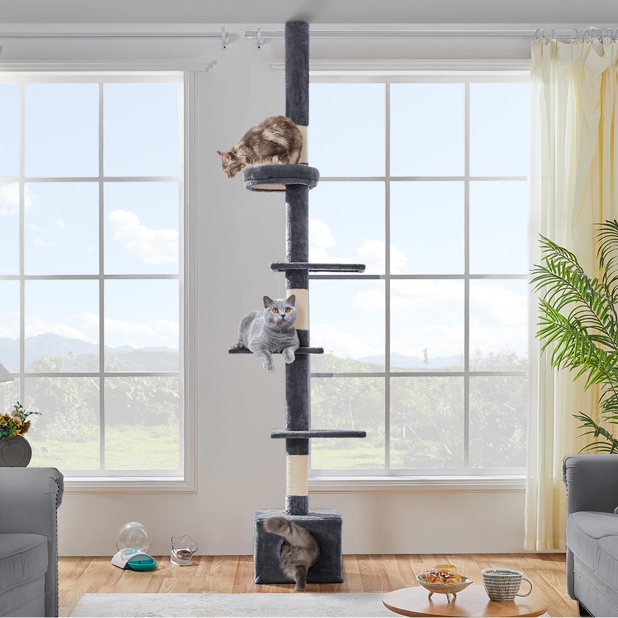 Abician Arbre à Chat du Plafond Poteau à griffer Réglable en Hauteur 226-265 cm avec Niche Chat Gris foncé