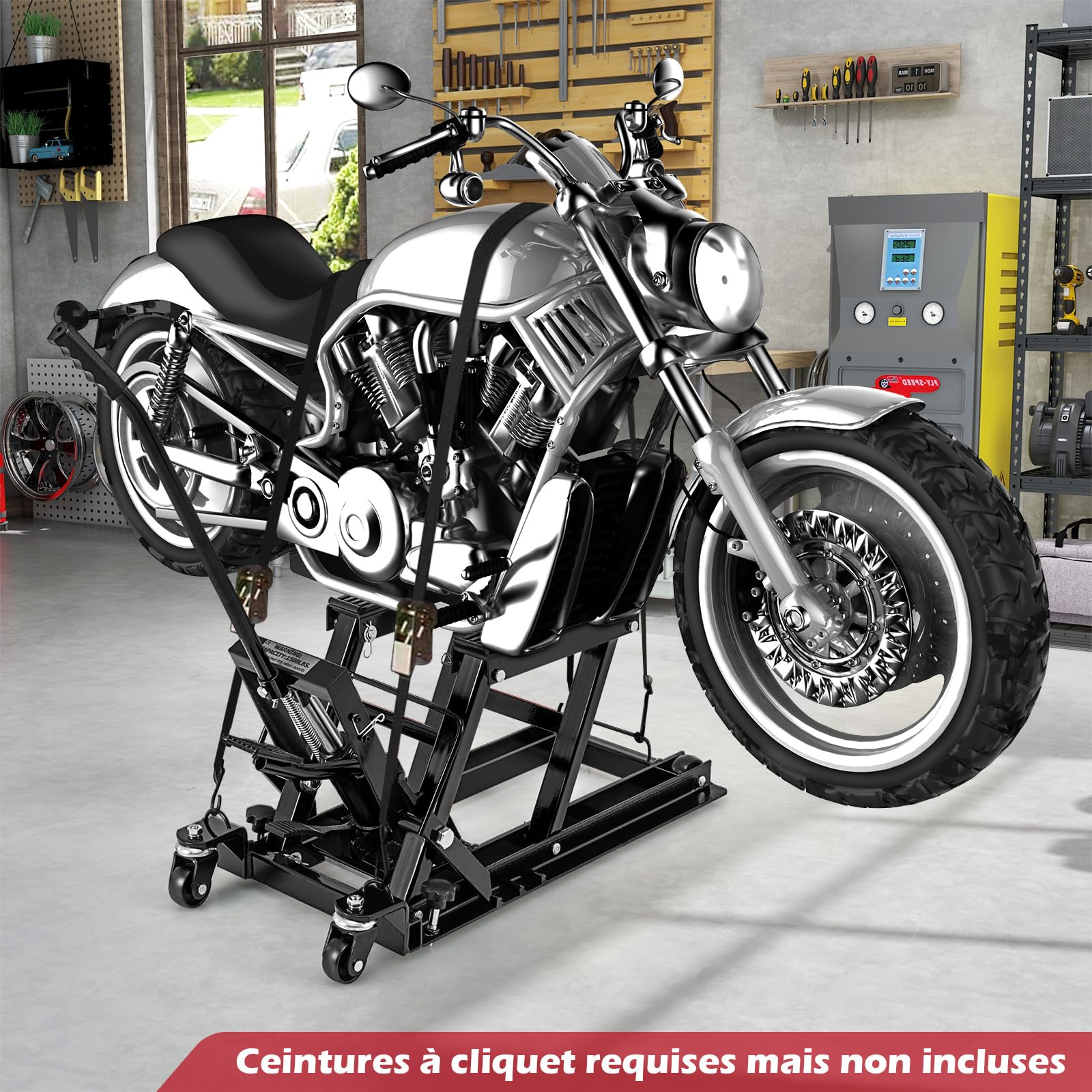 GYMAX Lève-Moto Charge 680KG, Cric de Moto Mobile avec 4 roulettes, Manipulation Facile avec Pédalier, Hauteur Réglable 3 Position 12-38cm, Outil Manutention pour Garage, Atelier, Réparation (Noir)
