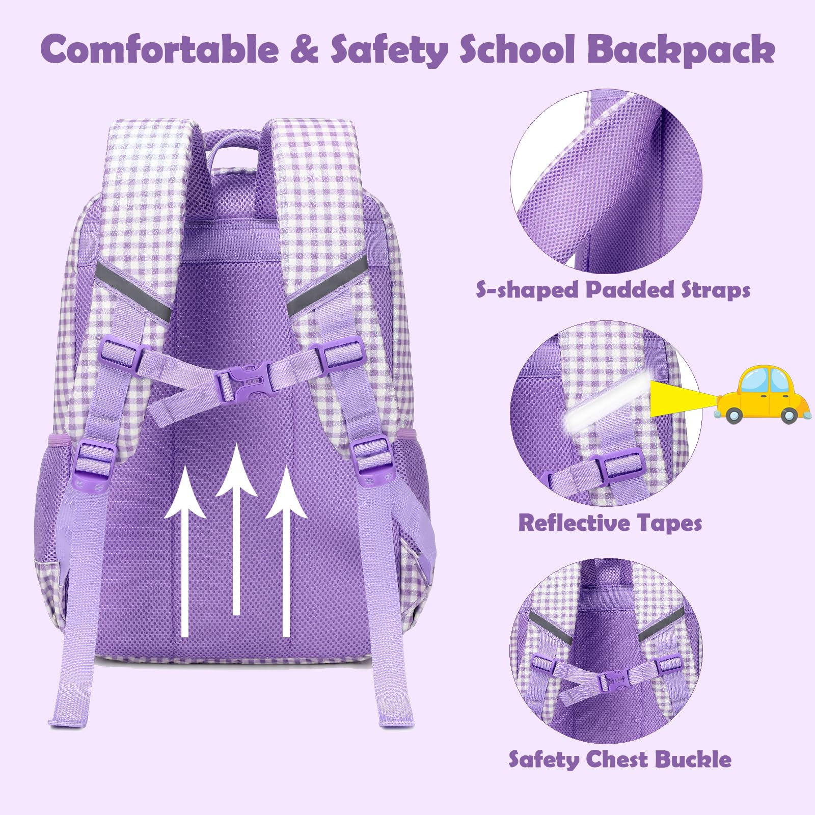 Zaino per ragazze a scacchi glitterati, 3 in 1, a scacchi, viola, con borsa per il pranzo, astuccio e cinturino toracico, per scuola materna e elementare