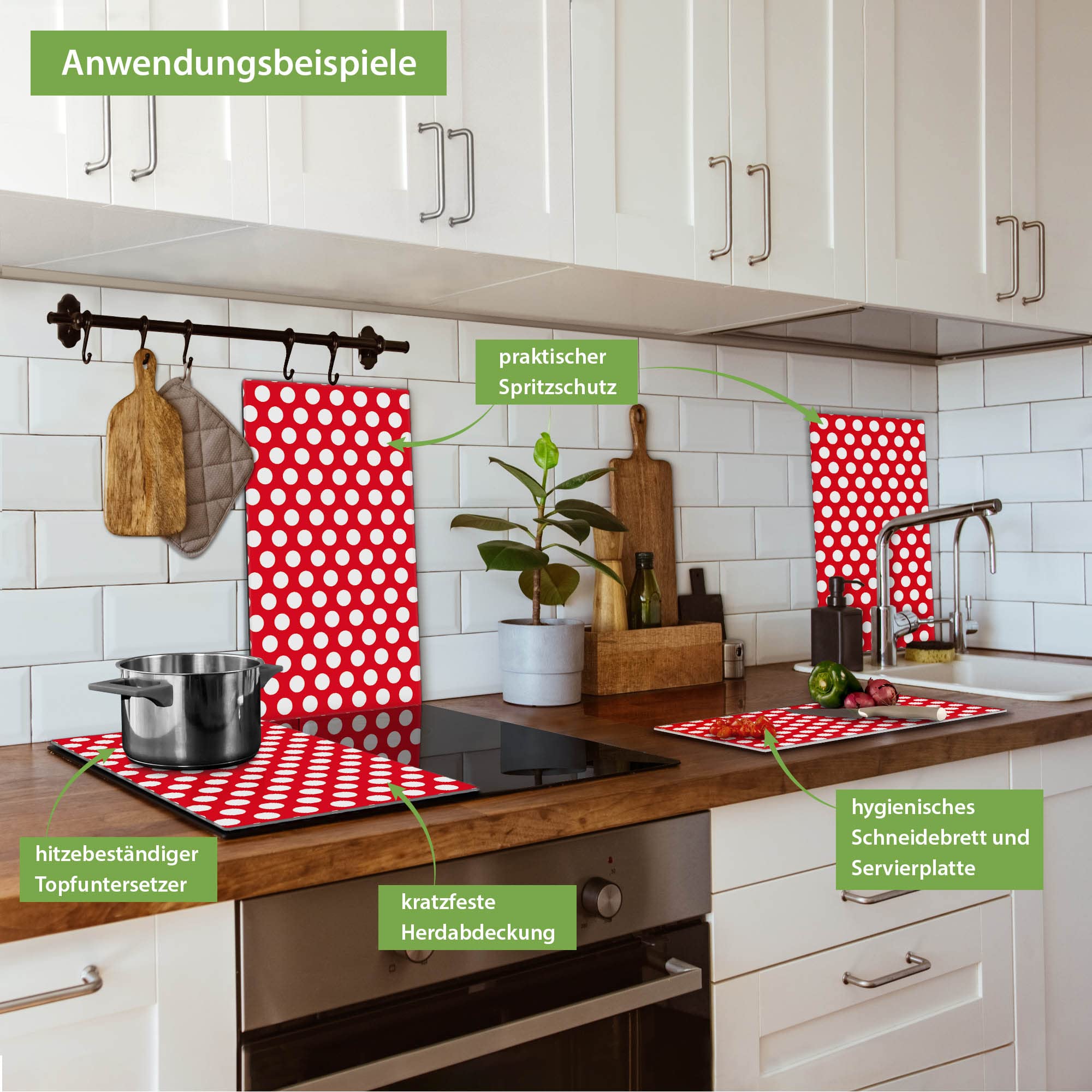 banjado Herdabdeckplatte Glas 2-teilig 60x52 cm, Ceranfeld Abdeckung und Schneidebrett Glas aus gehärtetem Glas, pflegeleichter moderner Look Abstrakt & Muster für Küchen mit Motiv Punkte Rot