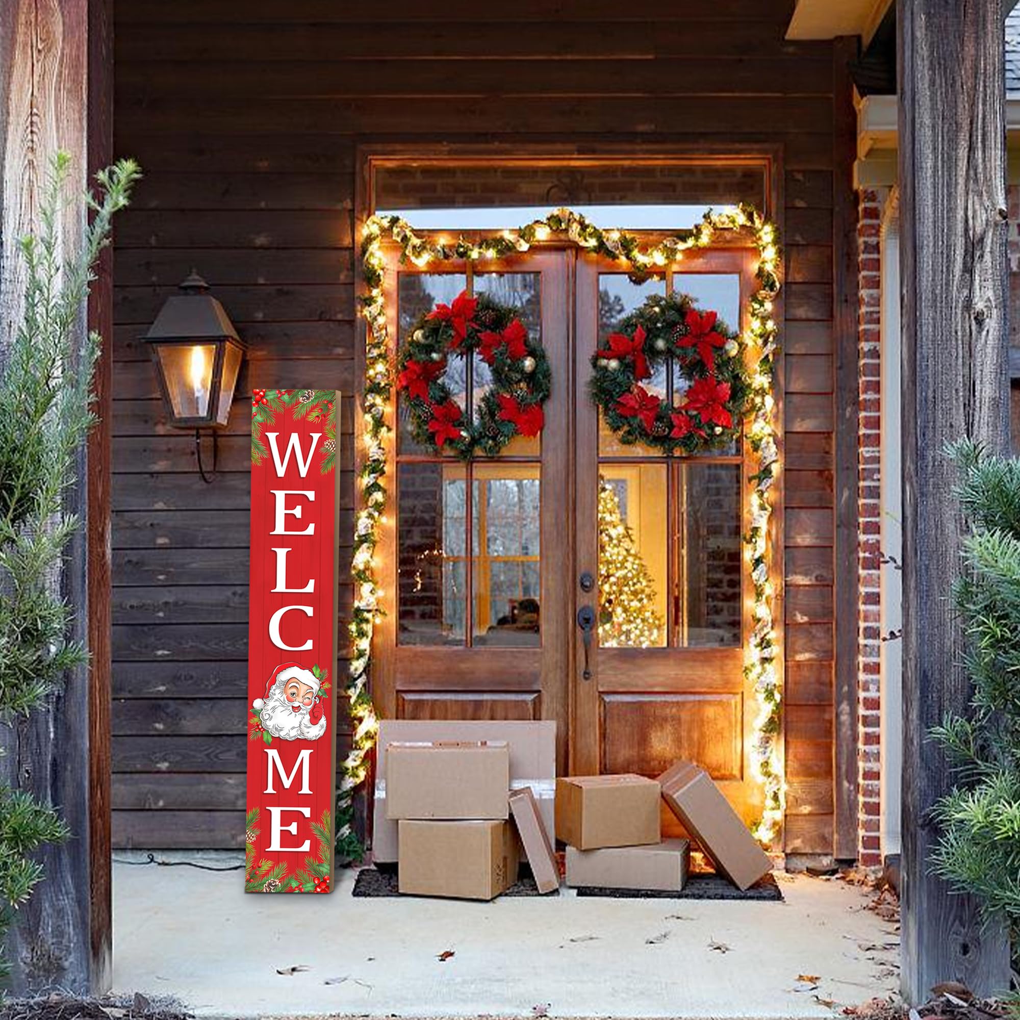 Letrero de madera de Navidad para porche, 47 pulgadas, diseño de Papá Noel, letrero grande de bienvenida para el hogar, puerta delantera, patio, decoración de fiesta (rojo)