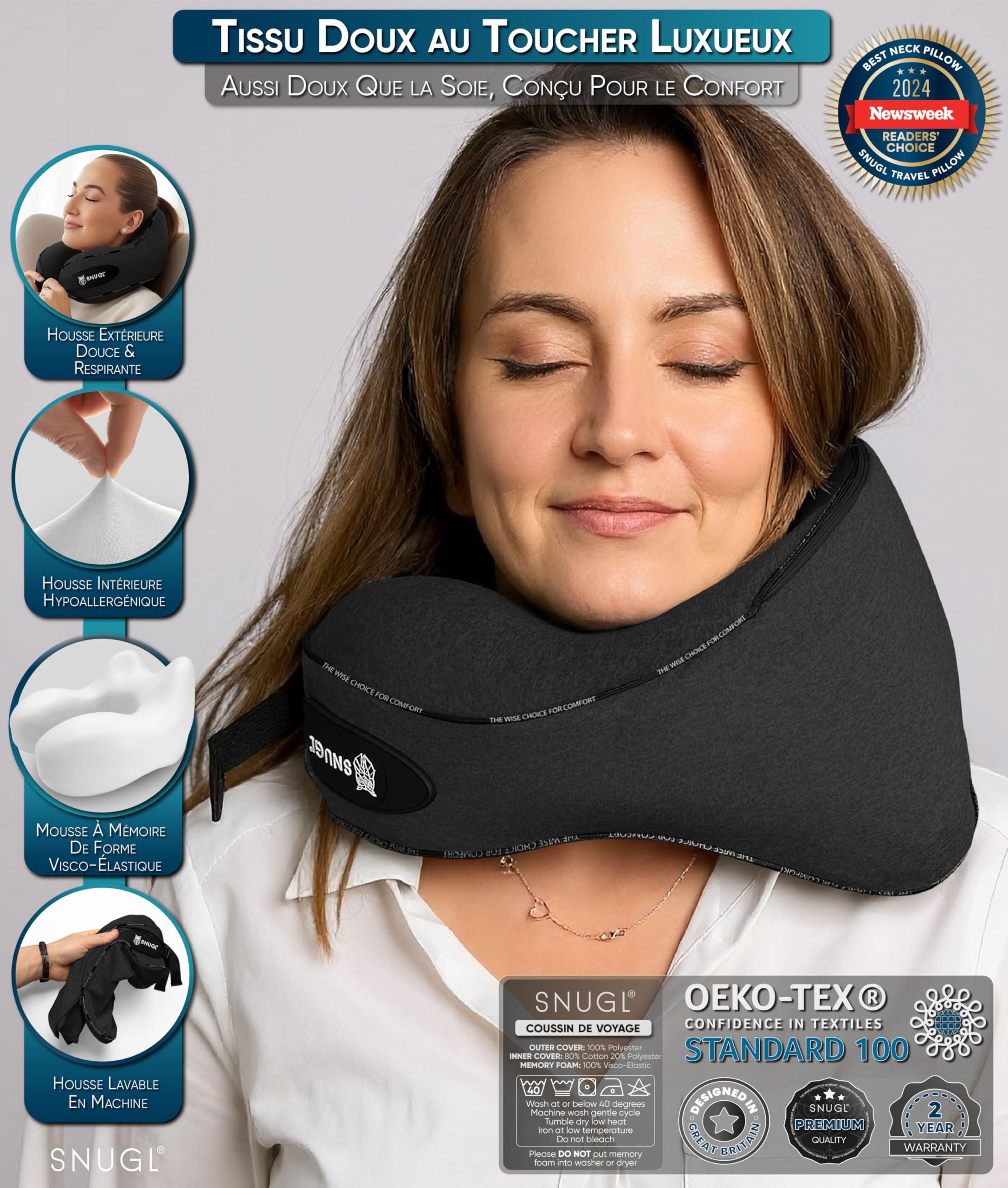 SNUGL Oreiller memoire Forme Ergonomique | Coussin de Voyage Avion Confortable | Oreiller de Voyage avec Tour de Cou | Accessoire pour Train, Voiture, Avion (Noir - Régulière)