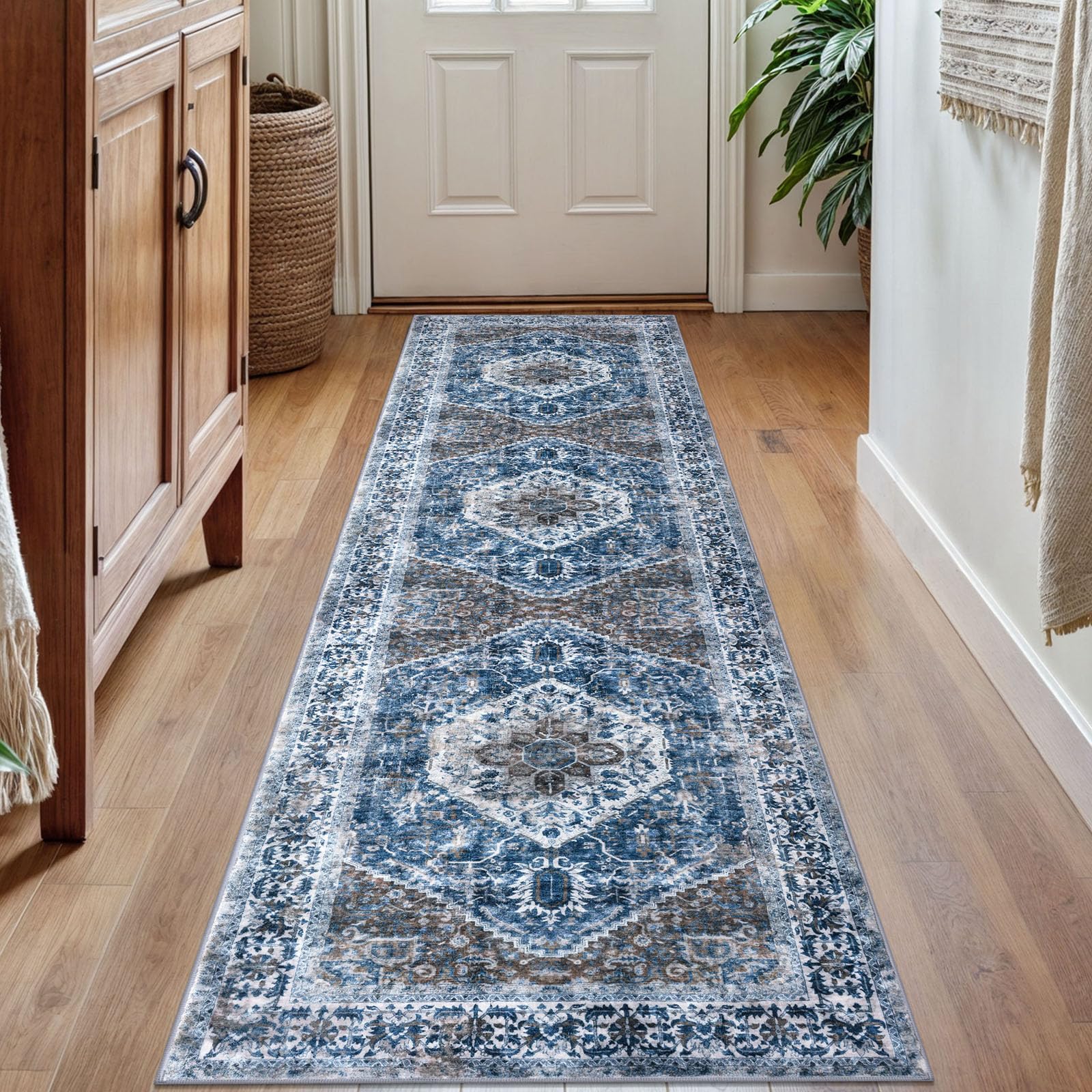 KOZYFLY Runners for Hallways 2x7 Ft Washable Kitchen Runner Rug Boho Runner Rug for Entryway Indoor Blue Printed Oriental Faux Wool Floor Carpet