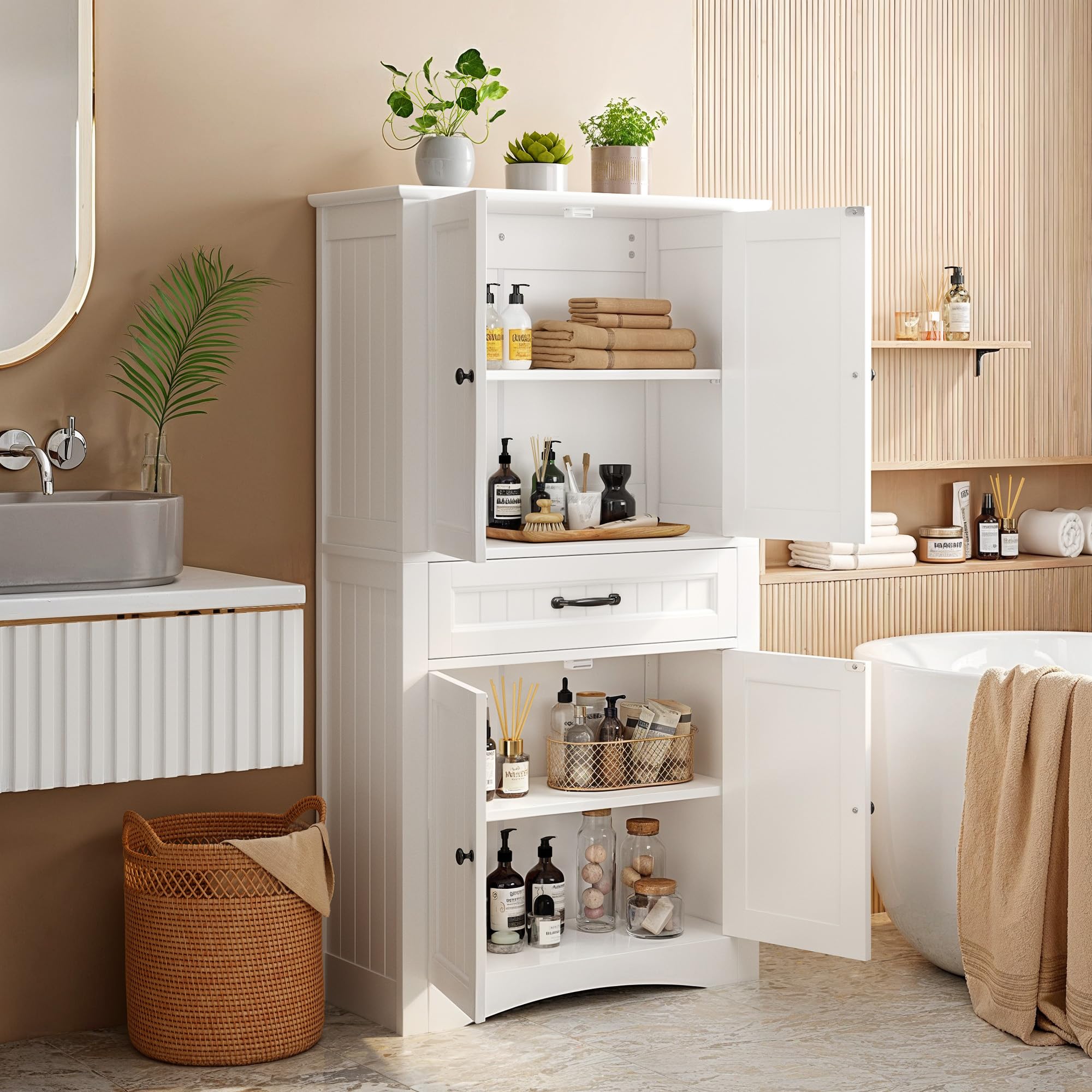 Xbro Mobile Bagno Alto Stretto 31 cm con 2 Ante e 1 Cassetto, Armadio Bagno Salvaspazio con Ripiani Regolabili e Sistema Antiribaltamento, 73x31x132 cm, Bianco