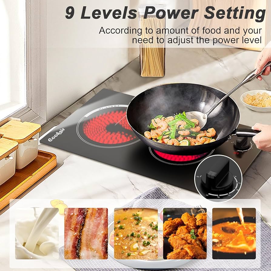Cooksir Electric Cooktop 30 Inch, 7400W Built-in Electric Stove Top 4 Burner, 220-240V Ceramic Hob With Glass Protection Metal Frame, Knob Control, 9 Power Level, Wiring Required, No Plug