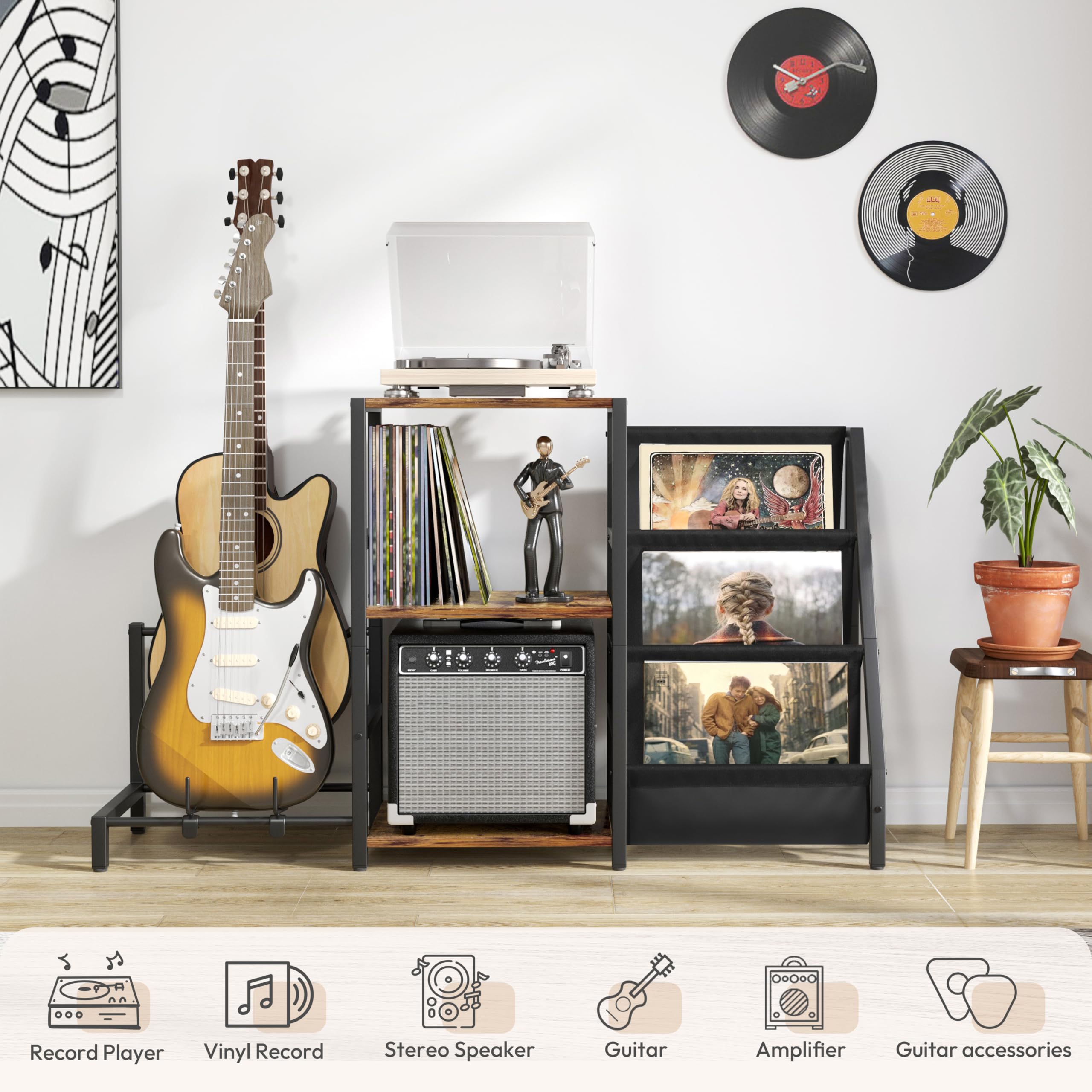 Bikoney Supporto Giradischi Vinili, Supporto Chitarra per Acustica, Elettrica e Basso con Supporto Amplificatore, Supporto Giradischi a 3 Livelli Fino a 200 Album, Tavolo Giradischi per Altoparlante