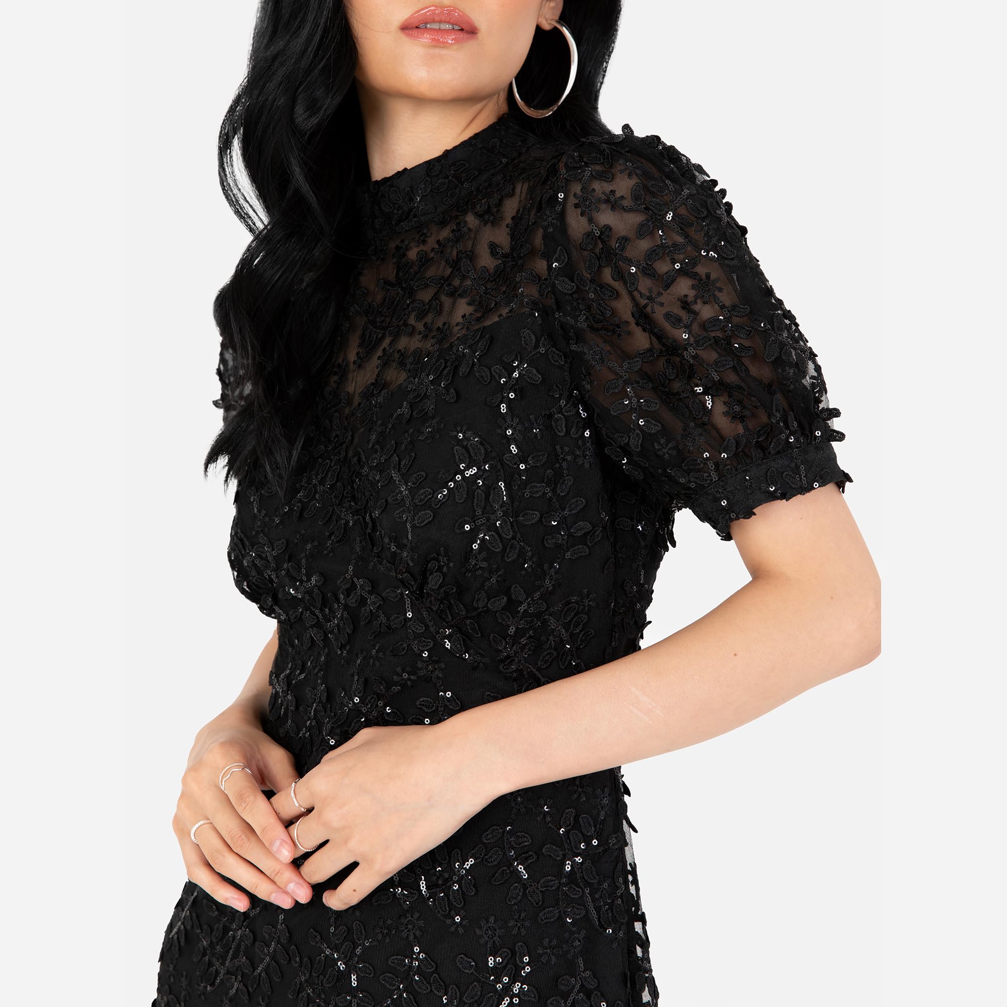 Maya Deluxe Women's Embroidered Dress for Ladies Sequin Embellished Midaxi Floral High Neck Wedding Guest Ball Evening Cocktail