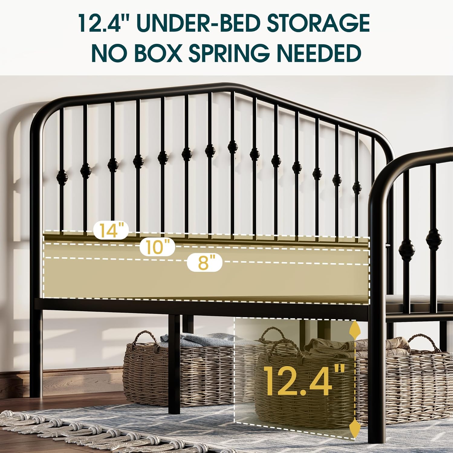 WEEWAY King Size Metal Bed Frame with Vintage Headboard and Footboard,Iron Bed,Steel Slat Support,No Box Spring Needed, Easy Assembly, Black