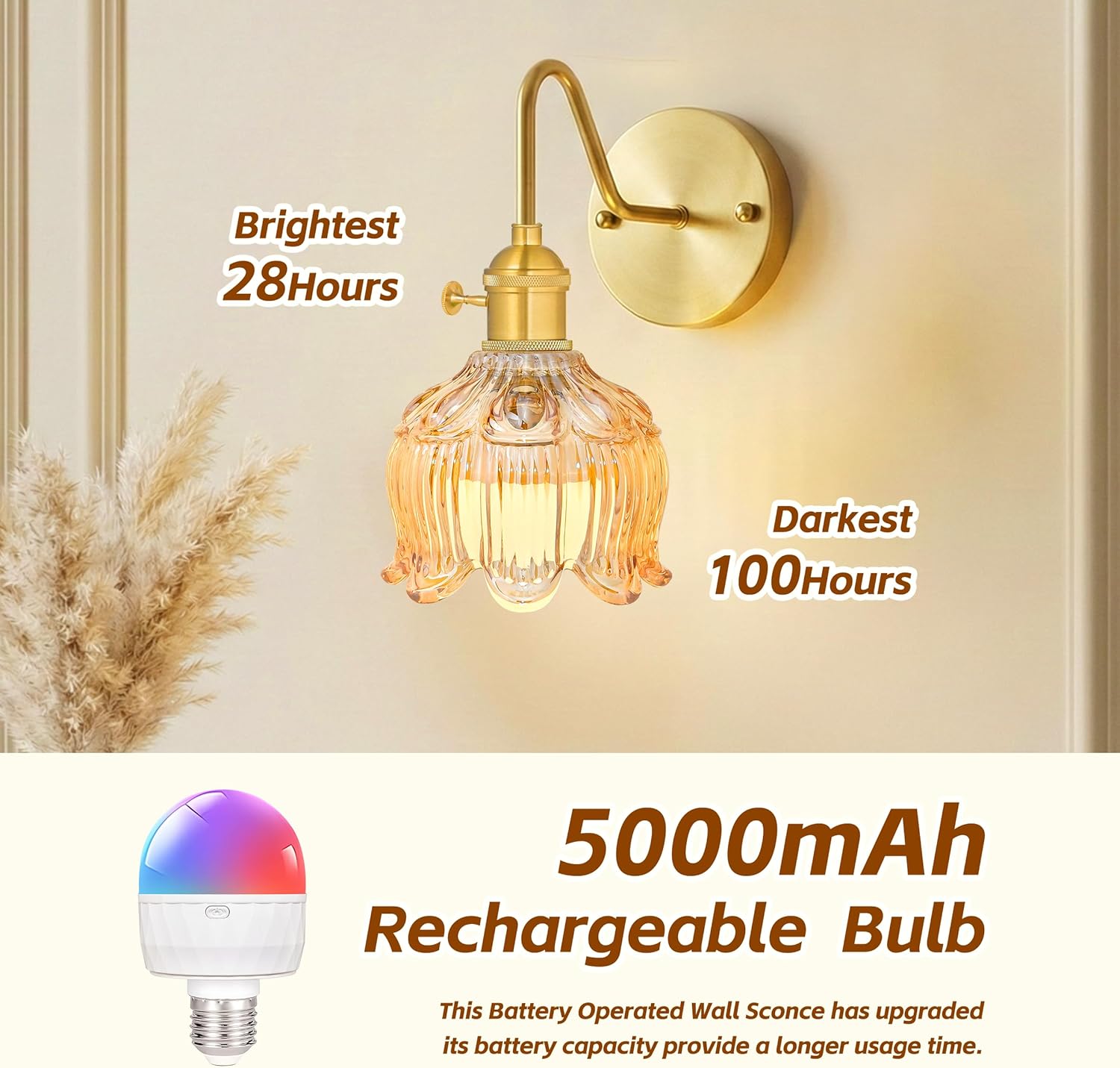 Battery Operated Wall Sconce Set of 2, Vintage Wireless Sconces with Amber Tulip Glass Shade, 15 Color Temp, 5000mAh Rechargeable Battery, Remote Control Wall Lights for Bedroom, Living Room